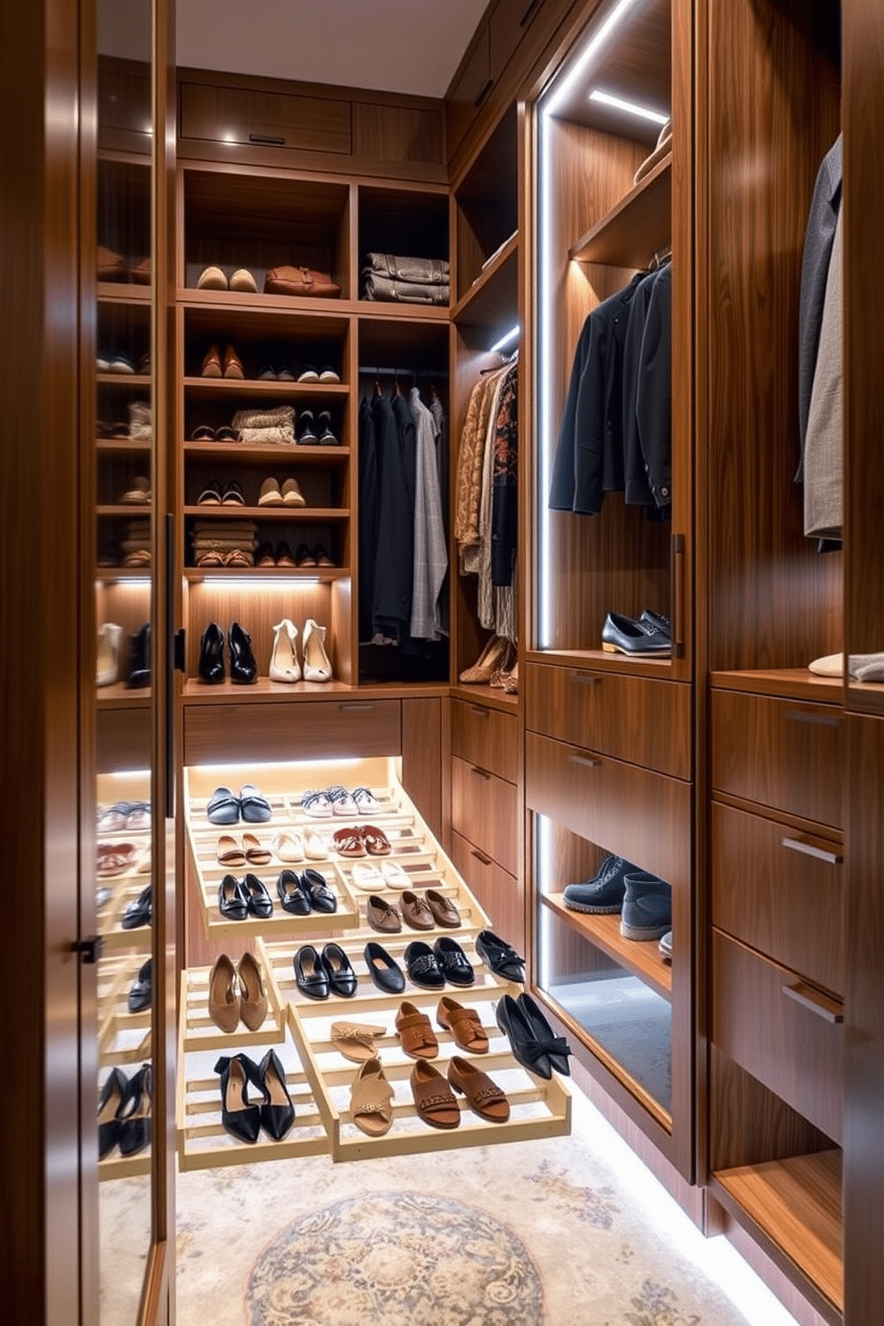 A luxurious master bedroom walk-in closet featuring pull-out racks for easy shoe access. The closet is designed with custom cabinetry in a rich walnut finish, illuminated by soft LED lighting that highlights the organized shoe collection.