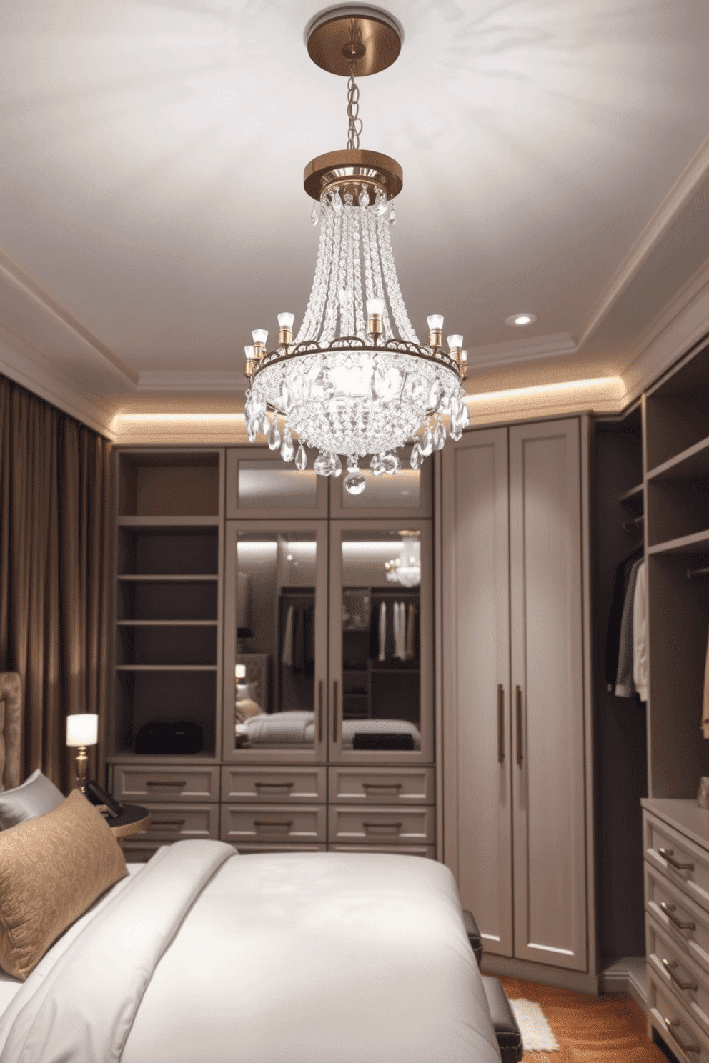 A unique chandelier dangles from the ceiling, featuring an intricate design with crystal accents that refract light beautifully. The soft glow enhances the luxurious atmosphere of the room, creating a focal point that draws the eye upward. The master bedroom walk-in closet is designed with elegant built-in shelving and drawers, providing ample storage while maintaining a sleek aesthetic. Soft, ambient lighting illuminates the space, highlighting the rich textures of the fabrics and materials used throughout.