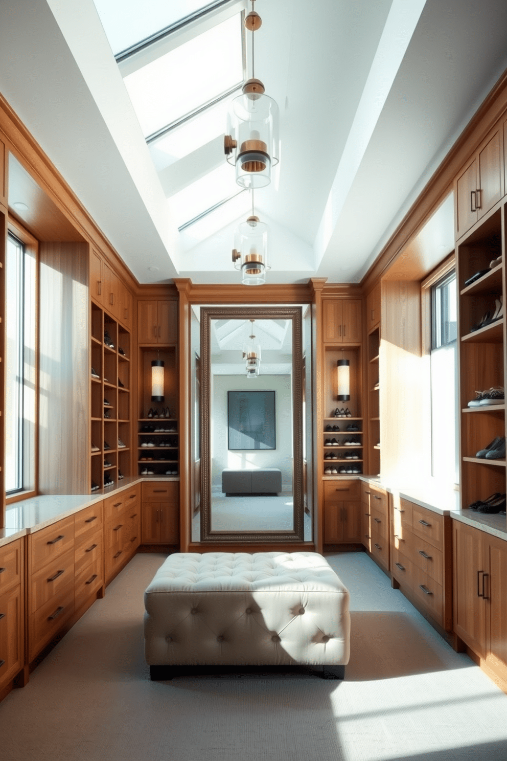 A luxurious walk-in closet bathed in natural light, featuring large windows that illuminate the space. The walls are lined with custom cabinetry, showcasing elegant wood finishes and ample storage for shoes and accessories. In the center, a plush ottoman invites relaxation, while a full-length mirror reflects the serene atmosphere. Soft, neutral tones dominate the color palette, complemented by stylish lighting fixtures that add a touch of sophistication.