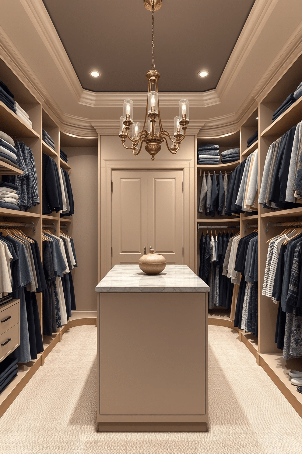 A master bedroom walk-in closet featuring color-coordinated clothing organization. The walls are painted a soft beige, and the shelves are lined with neatly arranged clothing in shades of gray, white, and navy. A central island with a marble top provides additional storage and display space for accessories. Elegant lighting fixtures hang above, illuminating the organized space and creating a luxurious atmosphere.