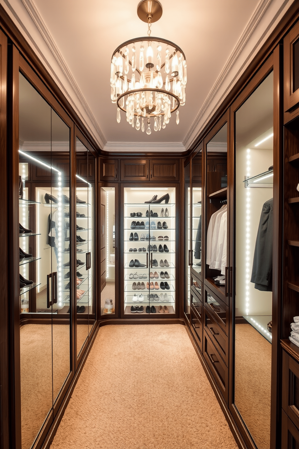 A luxurious master bedroom walk-in closet featuring hidden storage behind full-length mirrors. The mirrors seamlessly blend into the design, reflecting soft lighting and showcasing elegant shelving for shoes and accessories. The closet is adorned with custom cabinetry in a rich wood finish, providing ample space for clothing and personal items. Plush carpeting underfoot adds warmth, while a chic chandelier overhead completes the sophisticated atmosphere.