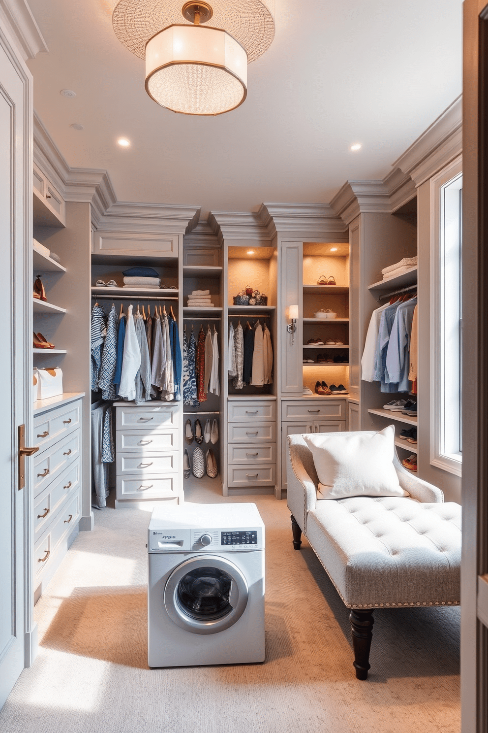 A luxurious master bedroom walk-in closet featuring a built-in laundry hamper for convenience. The space includes custom shelving, elegant lighting, and a plush seating area, all designed with a cohesive color palette of soft grays and whites. The closet is organized with hanging racks for clothing, drawers for accessories, and a dedicated shoe display. Natural light floods the area through a large window, enhancing the overall ambiance and making it a functional yet stylish retreat.