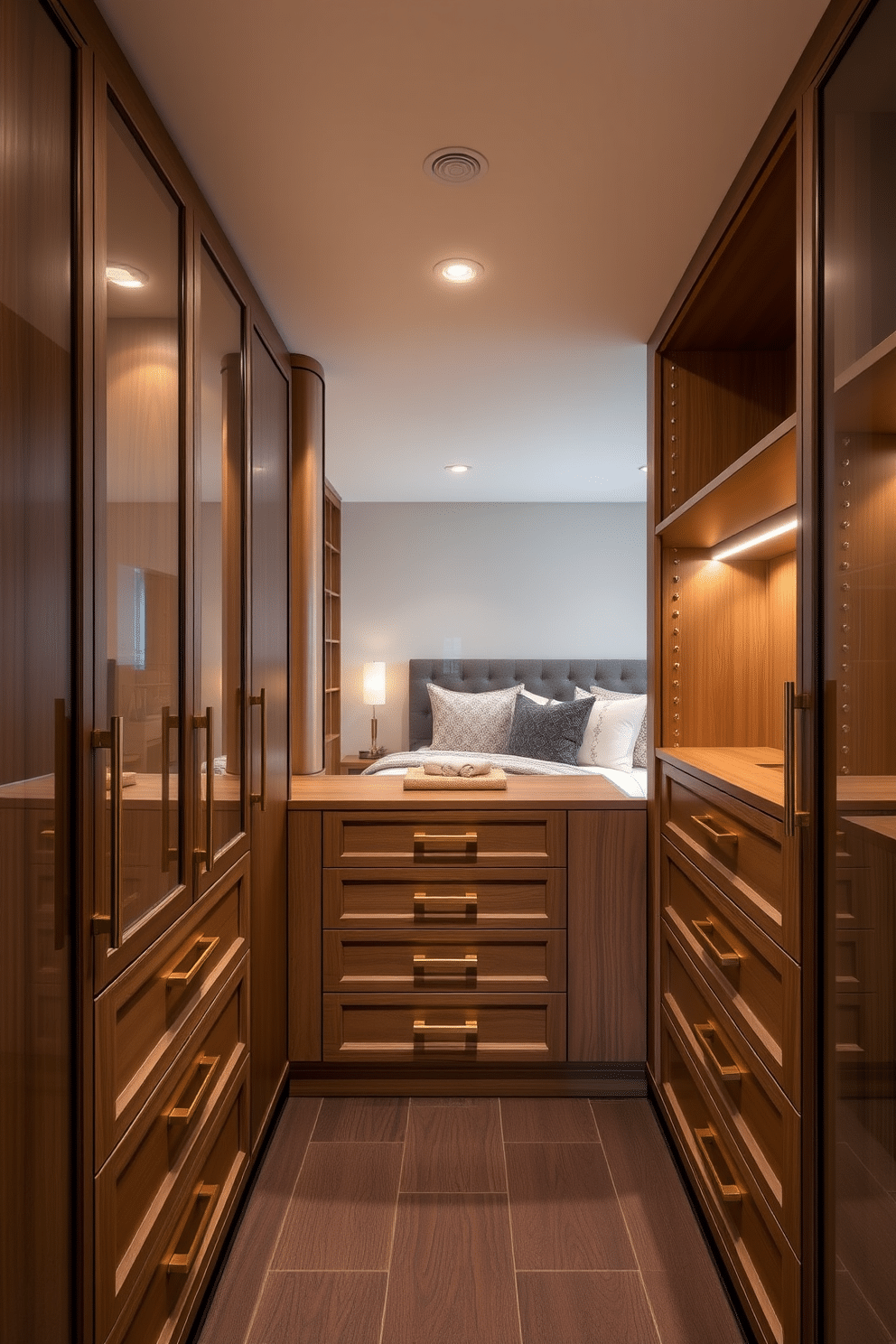 A luxurious master bedroom walk-in closet featuring floor-to-ceiling cabinetry that maximizes storage space. The cabinetry is finished in a rich walnut wood, with soft-close drawers and elegant brass handles, while the interior is illuminated by warm LED lighting.