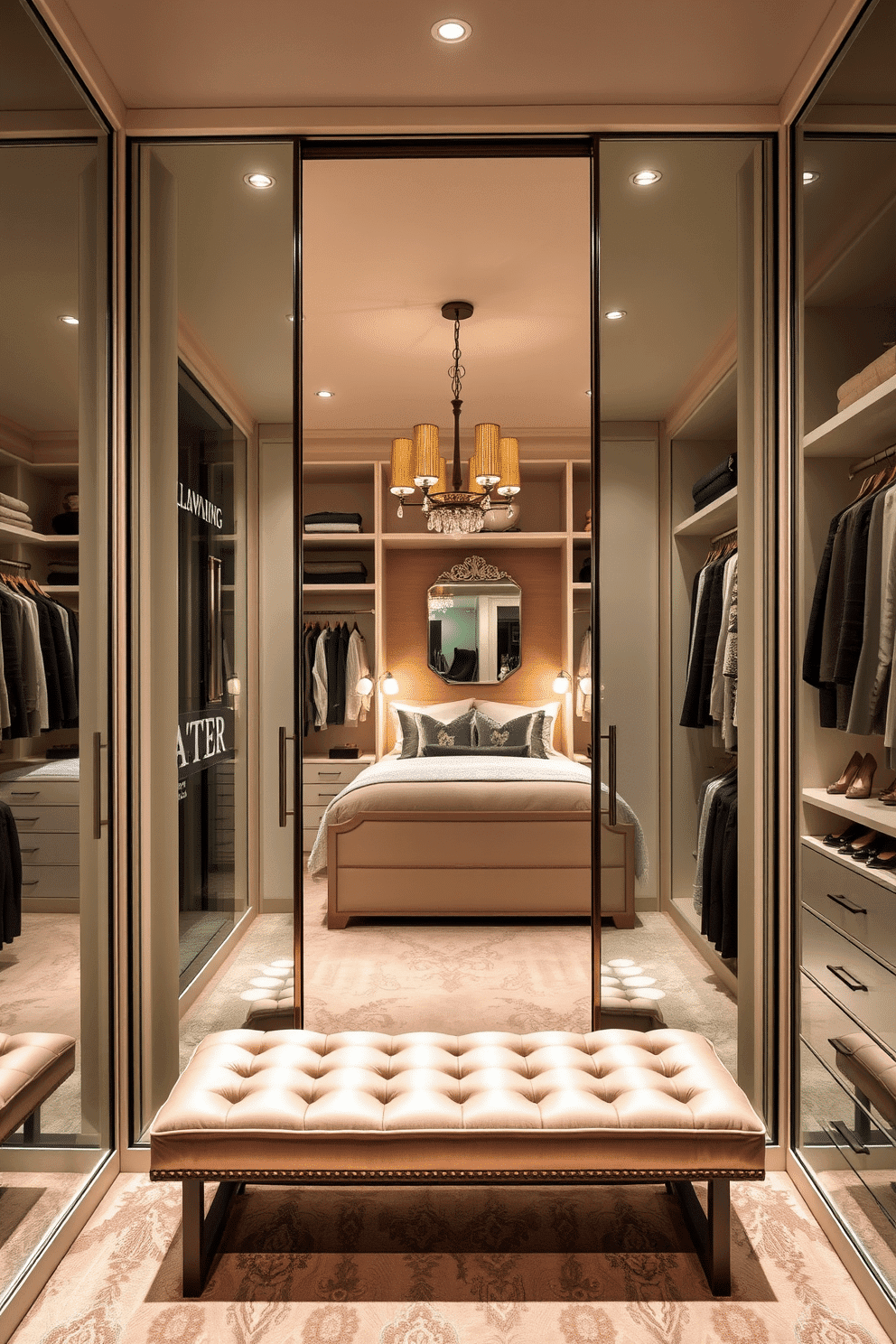 A luxurious master bedroom walk-in closet featuring mirrored sliding doors that enhance the sense of space and light. The closet is designed with custom shelving, elegant lighting fixtures, and a plush seating area for a sophisticated touch.