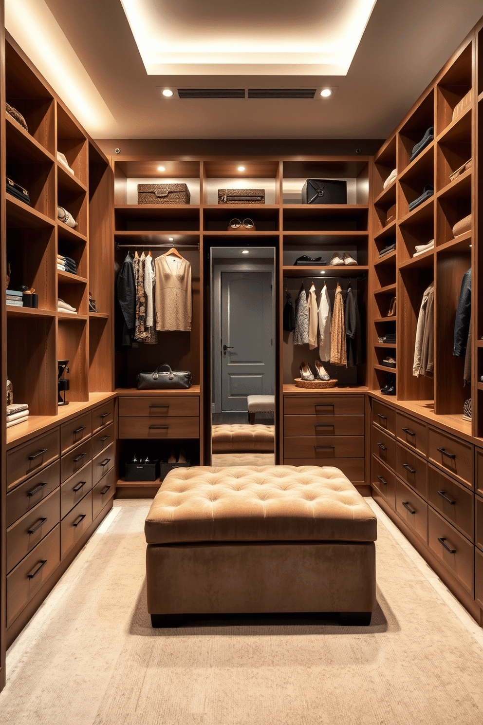 A master bedroom walk-in closet designed to maximize corner spaces, featuring custom-built shelves and drawers that seamlessly fit into the angles. Soft, ambient lighting highlights the elegant finishes of the cabinetry, while a plush ottoman sits invitingly in the center, providing a comfortable spot for dressing. The closet incorporates a combination of open shelving and enclosed storage, allowing for both display and organization. A full-length mirror is strategically placed in the corner, reflecting the stylish accessories and creating an illusion of spaciousness.