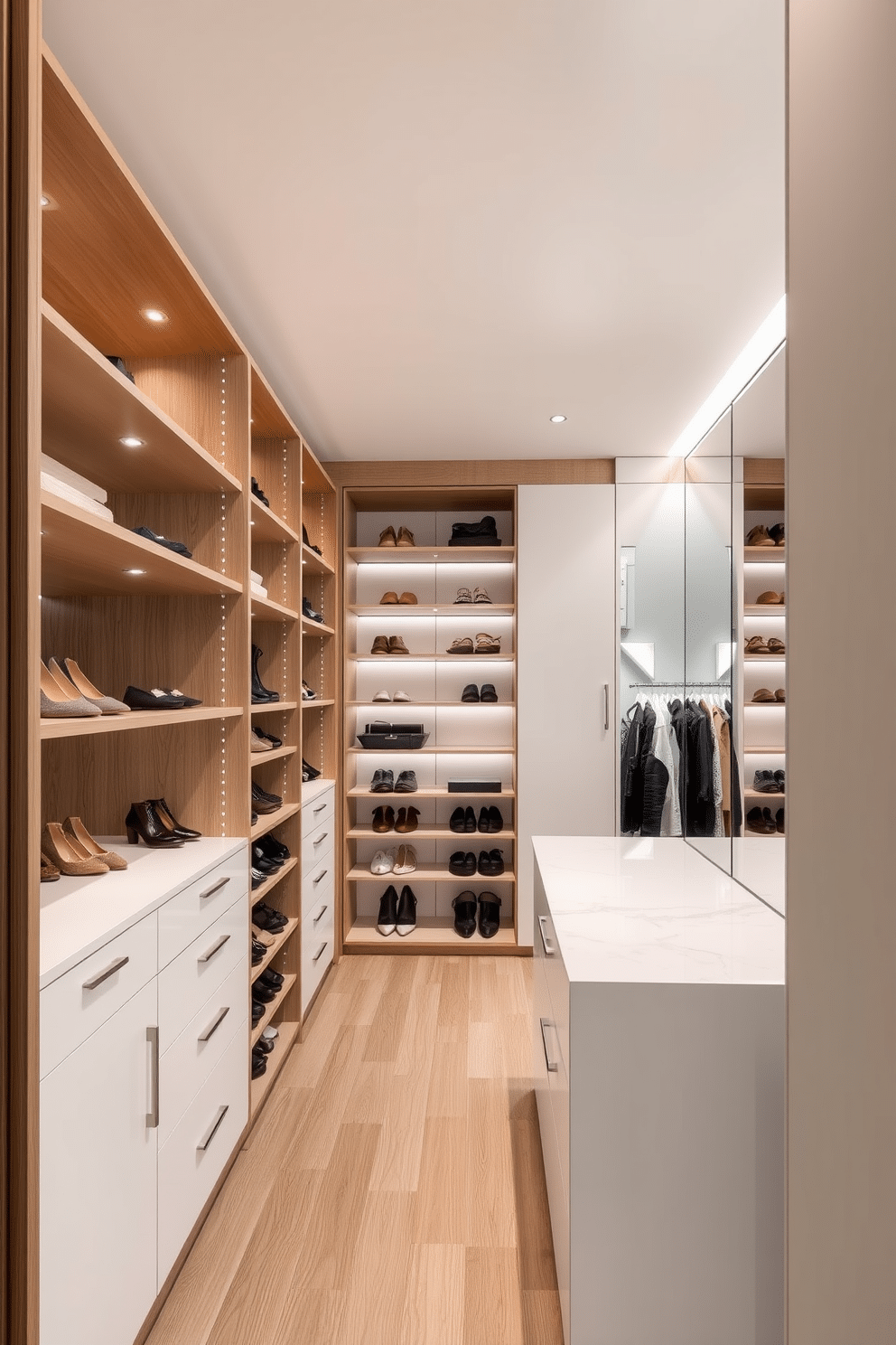 A spacious walk-in closet featuring minimalist design with clean lines. The cabinetry is sleek and white, complemented by natural wood accents and soft ambient lighting. Open shelving displays neatly arranged shoes and accessories, while a central island provides additional storage with a smooth marble top. A large, full-length mirror reflects the organized space, enhancing the feeling of openness and tranquility.