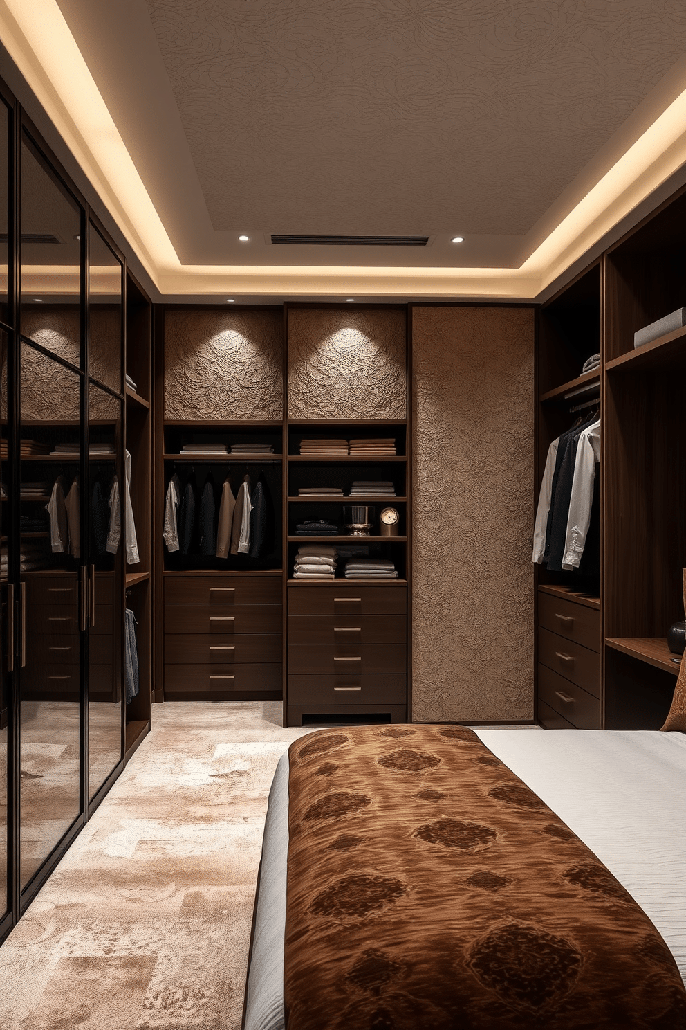 A luxurious master bedroom walk-in closet featuring textured wall panels that add depth and visual interest. The closet is spacious, with custom shelving and hanging areas, complemented by elegant lighting that highlights the rich textures of the walls.