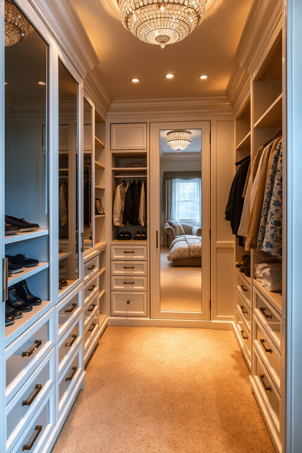 A luxurious master bedroom walk-in closet featuring a full-length mirror that reflects the elegant surroundings. The space is adorned with custom cabinetry in a soft white finish, complemented by warm wooden accents and plush carpeting underfoot. The closet includes spacious shelving for shoes and accessories, with a dedicated area for hanging garments. Soft, ambient lighting illuminates the space, enhancing the rich textures of the fabrics and finishes.