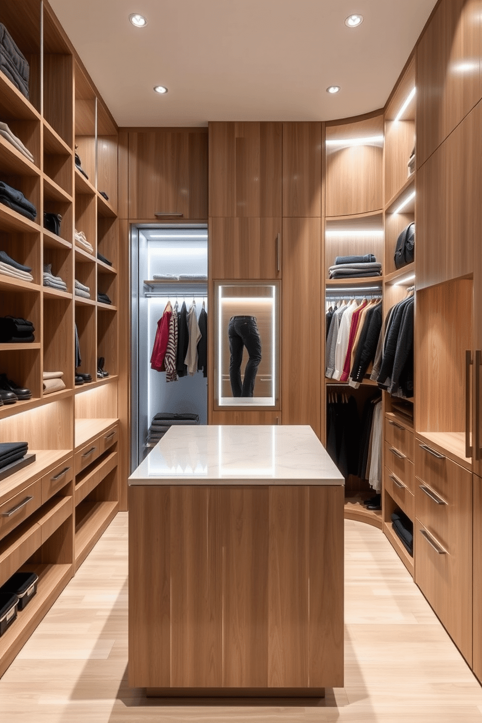 A modern walk-in closet featuring smart technology for closet management. The space includes automated shelving that adjusts to accommodate different clothing types, with integrated lighting that activates as the door opens. The walls are lined with sleek, customizable storage units in a light oak finish. A central island with a polished countertop provides additional space for accessories and a smart mirror that offers outfit suggestions based on the day’s agenda.