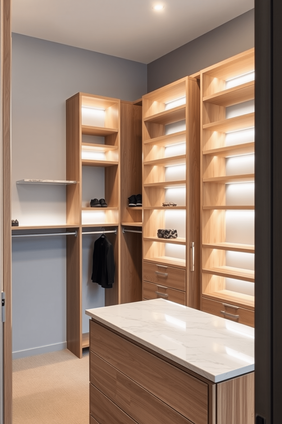 A sleek master bedroom walk-in closet features floating shelves made of light oak, providing a modern aesthetic while maximizing storage space. The shelves are arranged in an asymmetrical pattern, complementing the soft gray walls and enhancing the room's contemporary feel. The closet includes a central island with a marble top, perfect for displaying accessories and organizing jewelry. Ambient LED lighting highlights the shelves and creates a warm, inviting atmosphere, making the space both functional and stylish.