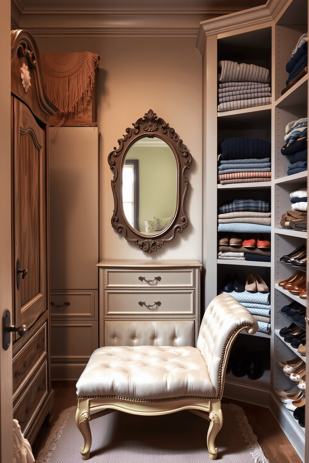 A beautifully curated master bedroom walk-in closet features a blend of vintage furniture pieces that add character and charm. The space includes a distressed wooden armoire, an ornate mirror with an antique finish, and a plush velvet bench for comfortable seating. Soft, ambient lighting highlights the unique textures and colors of the vintage furnishings. Shelves lined with neatly folded sweaters and shoes arranged by color create an inviting and organized atmosphere.