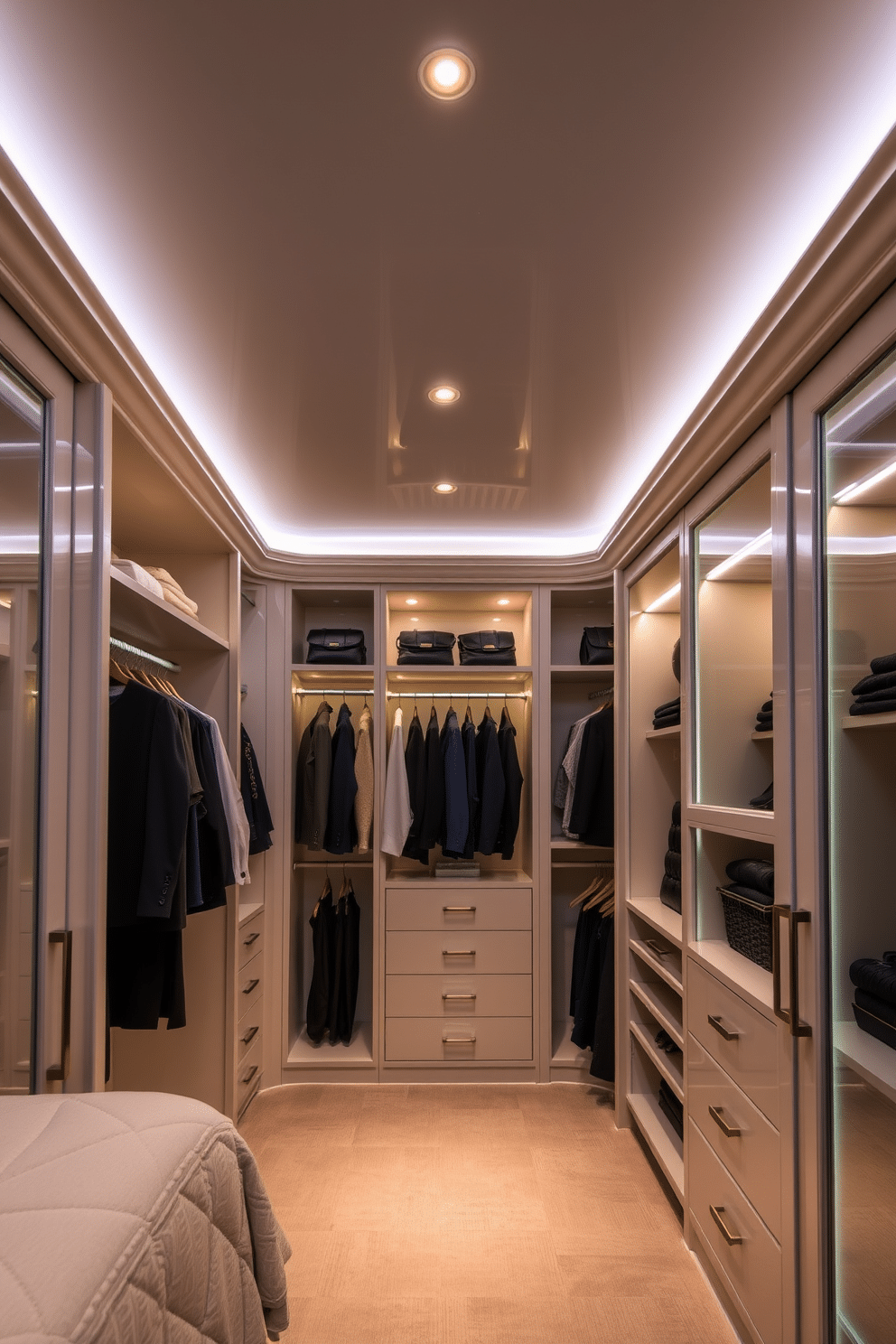 A luxurious master bedroom walk-in closet featuring mood lighting with LED strips embedded in the ceiling. The closet is spacious, with custom shelving and hanging space, accented by soft, warm lighting that highlights the elegant finishes and organized accessories.