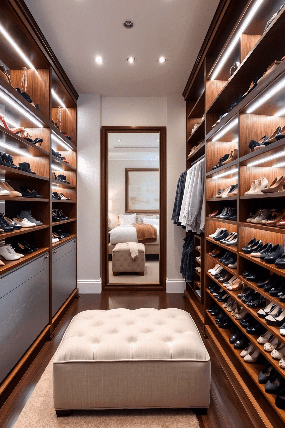 A stylish walk-in closet designed for shoe display features custom shelving that showcases an array of footwear in an organized manner. The shelves are crafted from rich walnut wood, with soft LED lighting highlighting each pair, creating an inviting atmosphere. The master bedroom walk-in closet includes a plush ottoman in the center for seating, surrounded by elegant shoe racks and hanging space for clothing. Soft neutral tones adorn the walls, while a large mirror reflects the beautifully arranged shoes and accessories, enhancing the sense of space.