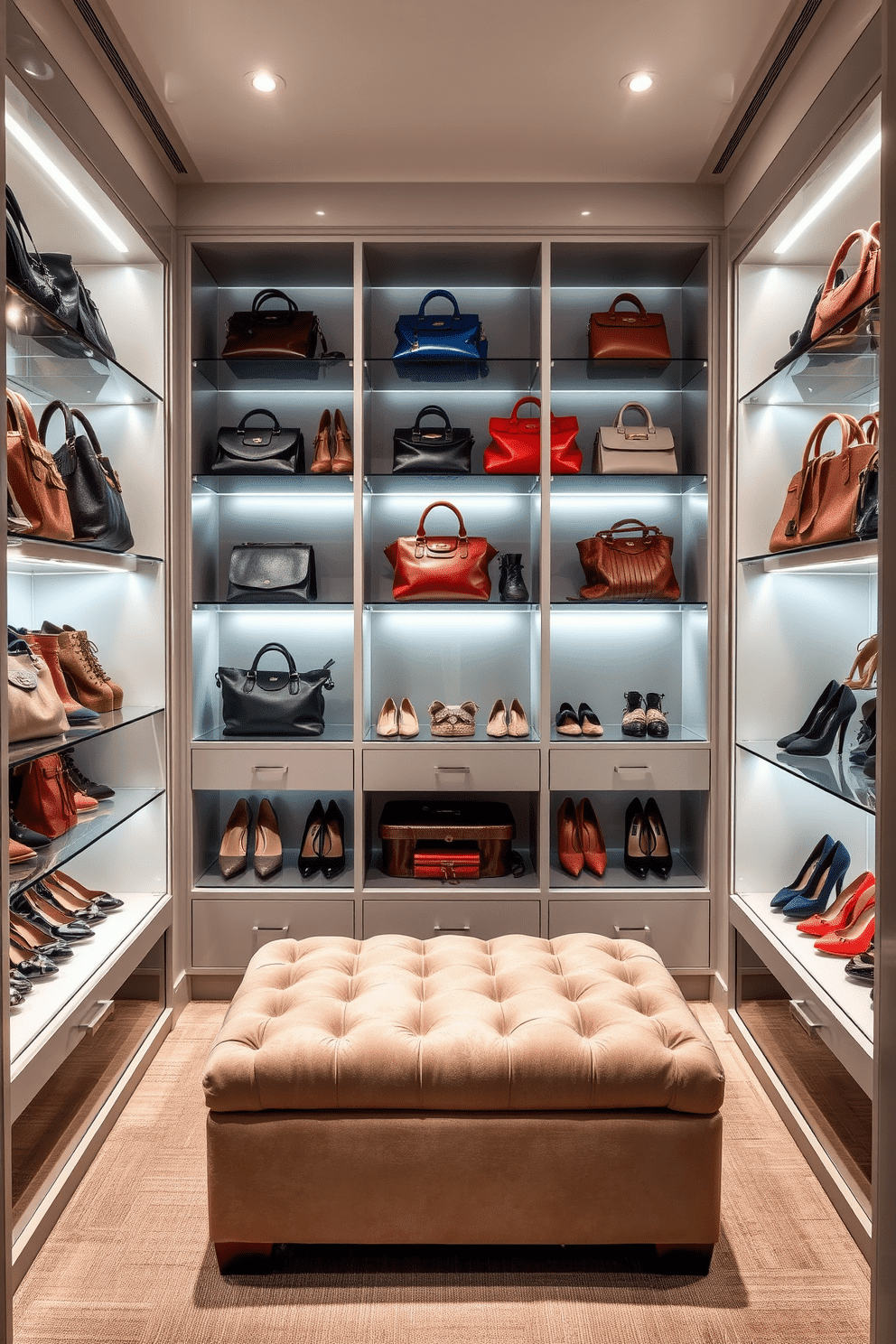 Artistic display of handbags on shelves. The shelves are made of sleek glass, showcasing a curated collection of handbags in various colors and textures. Master Bedroom Walk-In-Closet Design Ideas. The closet features custom cabinetry with ample storage, a plush ottoman in the center, and soft lighting that highlights the elegant organization of shoes and accessories.