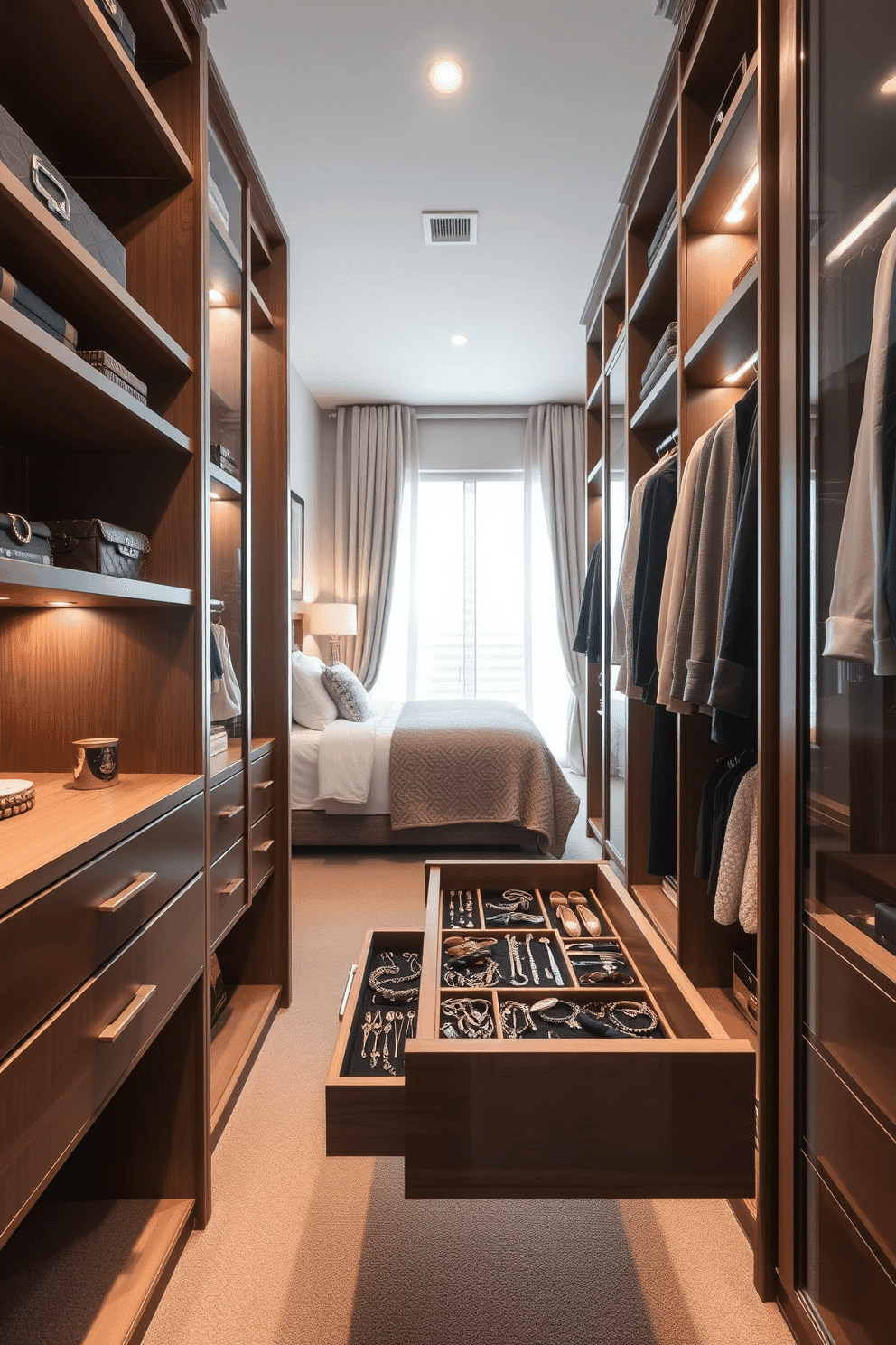 A luxurious master bedroom walk-in closet featuring a built-in jewelry organizer seamlessly integrated into a drawer. The closet is designed with custom shelving, soft ambient lighting, and a plush carpet, creating an elegant and functional space for displaying accessories and clothing.