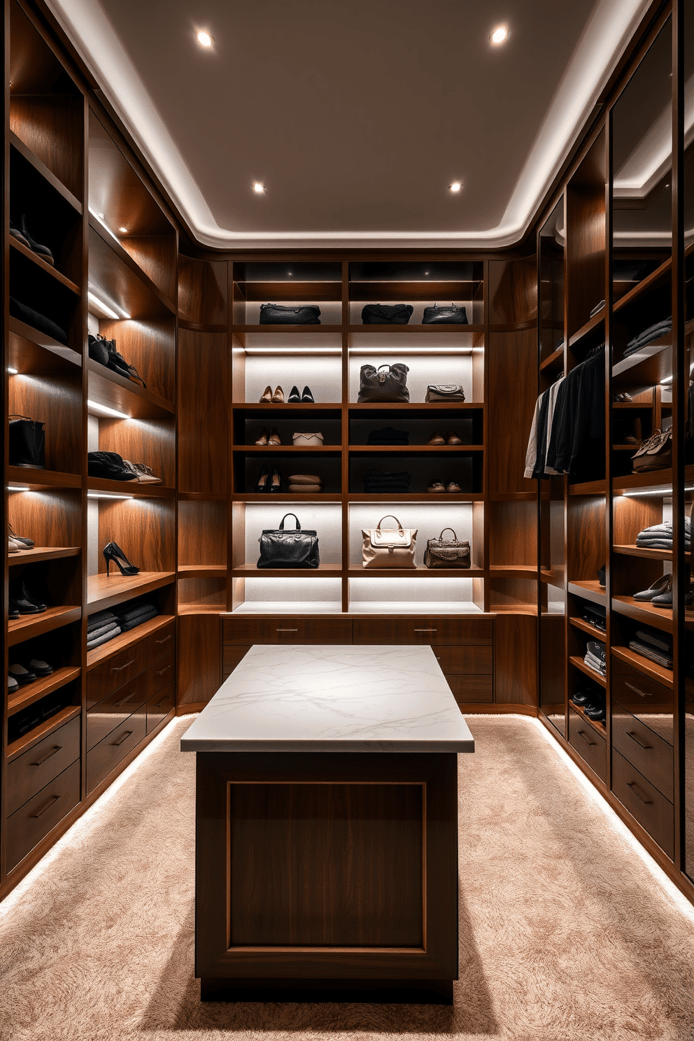 A luxurious master bedroom walk-in closet featuring open shelving for easy access to clothing and accessories. The shelves are crafted from rich walnut wood, complemented by soft, ambient lighting that highlights the neatly arranged shoes and bags. A central island with a marble top provides additional storage and serves as a functional workspace. The closet is adorned with elegant mirrors and plush carpeting, creating a sophisticated and inviting atmosphere.