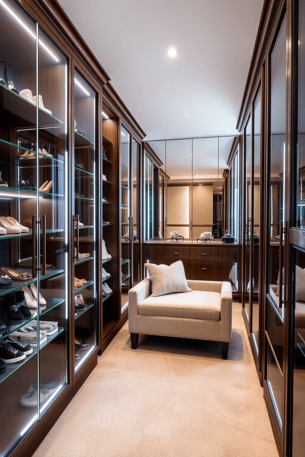 A master bedroom walk-in closet featuring glass-front cabinets for elegant storage. The cabinets are filled with neatly organized shoes and accessories, while soft LED lighting highlights the luxurious finishes. The closet is designed with a plush seating area in the center, surrounded by mirrors that create an open and airy feel. Rich wood tones and soft textiles enhance the sophistication of this organized space.