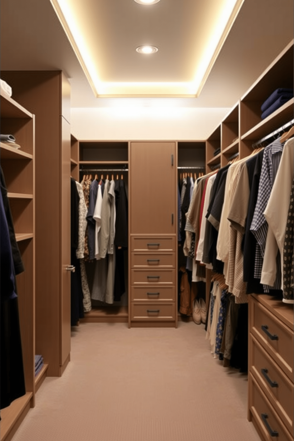 A master bedroom walk-in closet features double hanging rods that maximize vertical space, allowing for ample storage of clothing and accessories. The design includes built-in shelving and drawers, creating an organized and functional area that blends style with practicality.