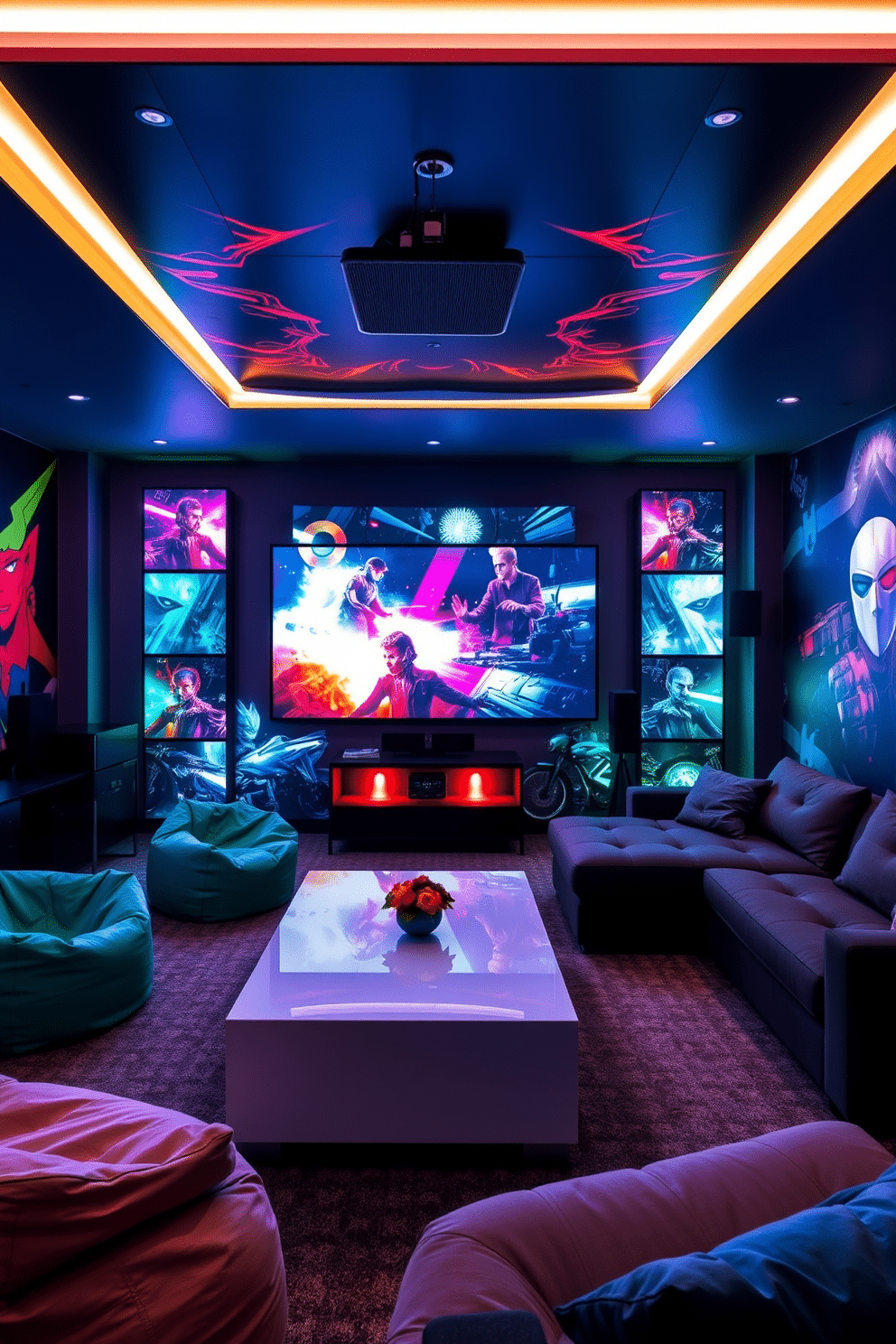 A vibrant media game room features an interactive wall art installation that combines LED screens with dynamic visuals, creating an engaging focal point. The space is designed with comfortable seating, including a large sectional sofa and bean bags, arranged around a sleek coffee table for a cozy yet modern atmosphere. The walls are adorned with colorful murals that reflect gaming culture, while ambient lighting enhances the overall mood. A state-of-the-art sound system is integrated into the design, providing an immersive audio experience for gaming and movie nights.