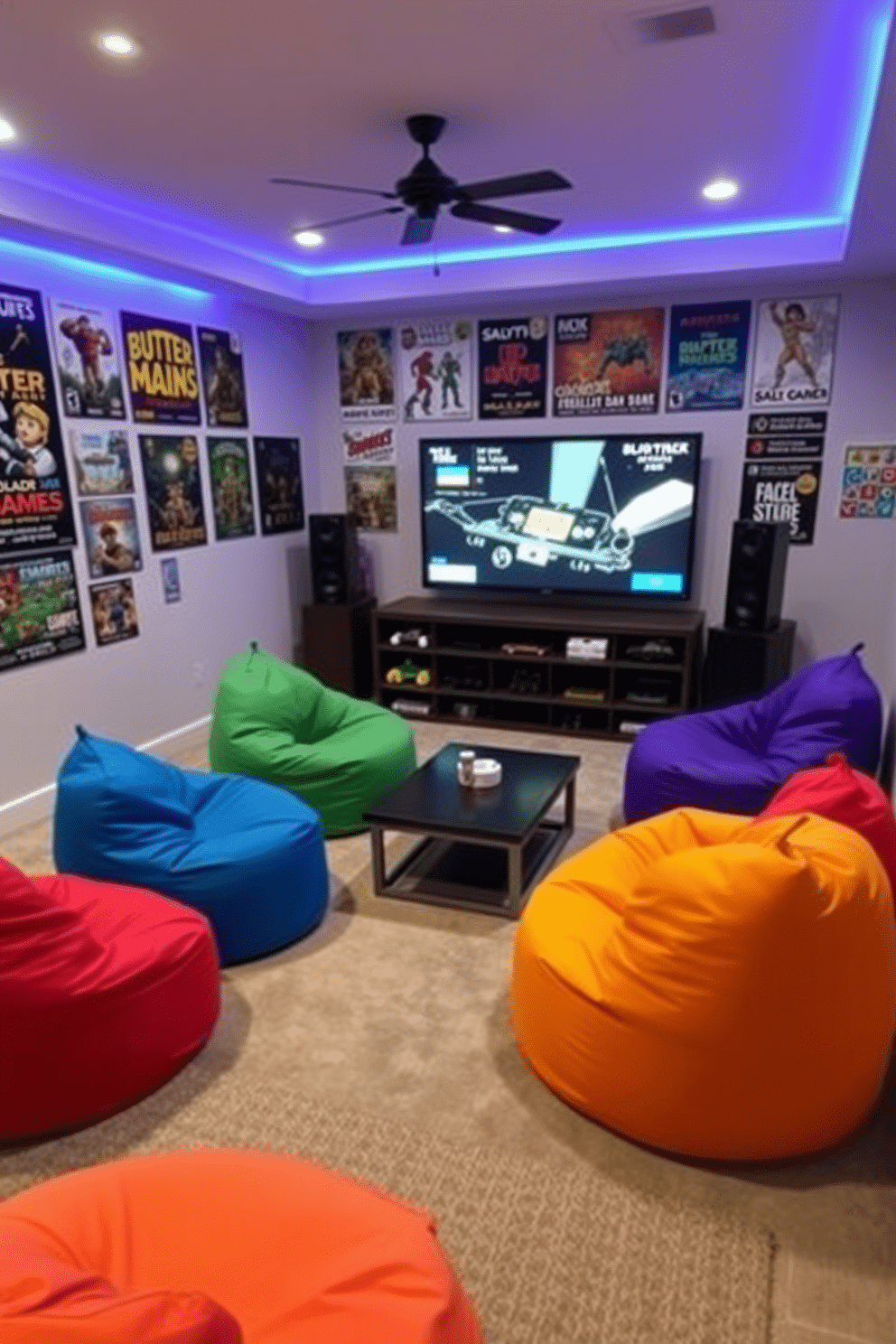 A cozy media game room featuring vibrant bean bag chairs in various colors scattered around a low coffee table. The walls are adorned with posters of classic video games, and a large screen is mounted for gaming and movie nights, creating an inviting atmosphere for relaxation and fun.