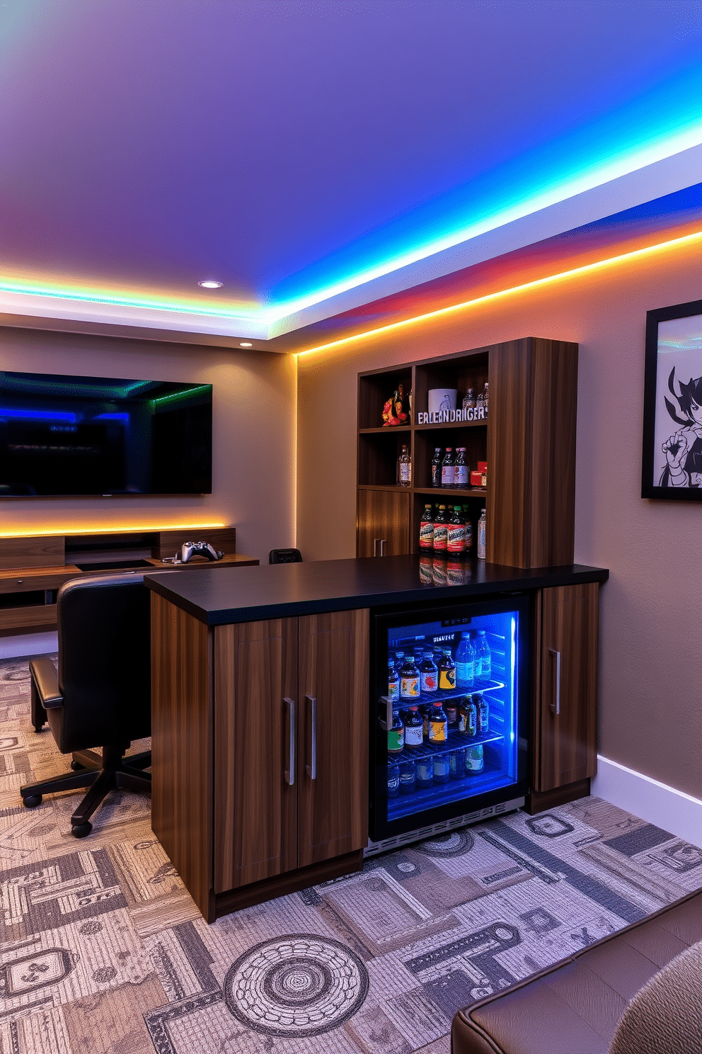 A stylish media game room featuring a sleek mini fridge integrated into a custom cabinetry setup for easy drink access. The room is designed with comfortable seating, a large flat-screen TV mounted on the wall, and vibrant LED lighting that enhances the gaming atmosphere.