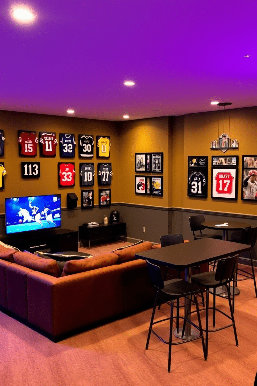 A vibrant media game room designed for entertainment and relaxation. The walls are adorned with framed sports memorabilia, showcasing jerseys and autographed items that reflect personal interests and passions. The seating area features a plush sectional sofa facing a large flat-screen TV mounted above a sleek media console. Ambient lighting creates a cozy atmosphere, while a game table is positioned in the corner, surrounded by stylish bar stools for added fun.