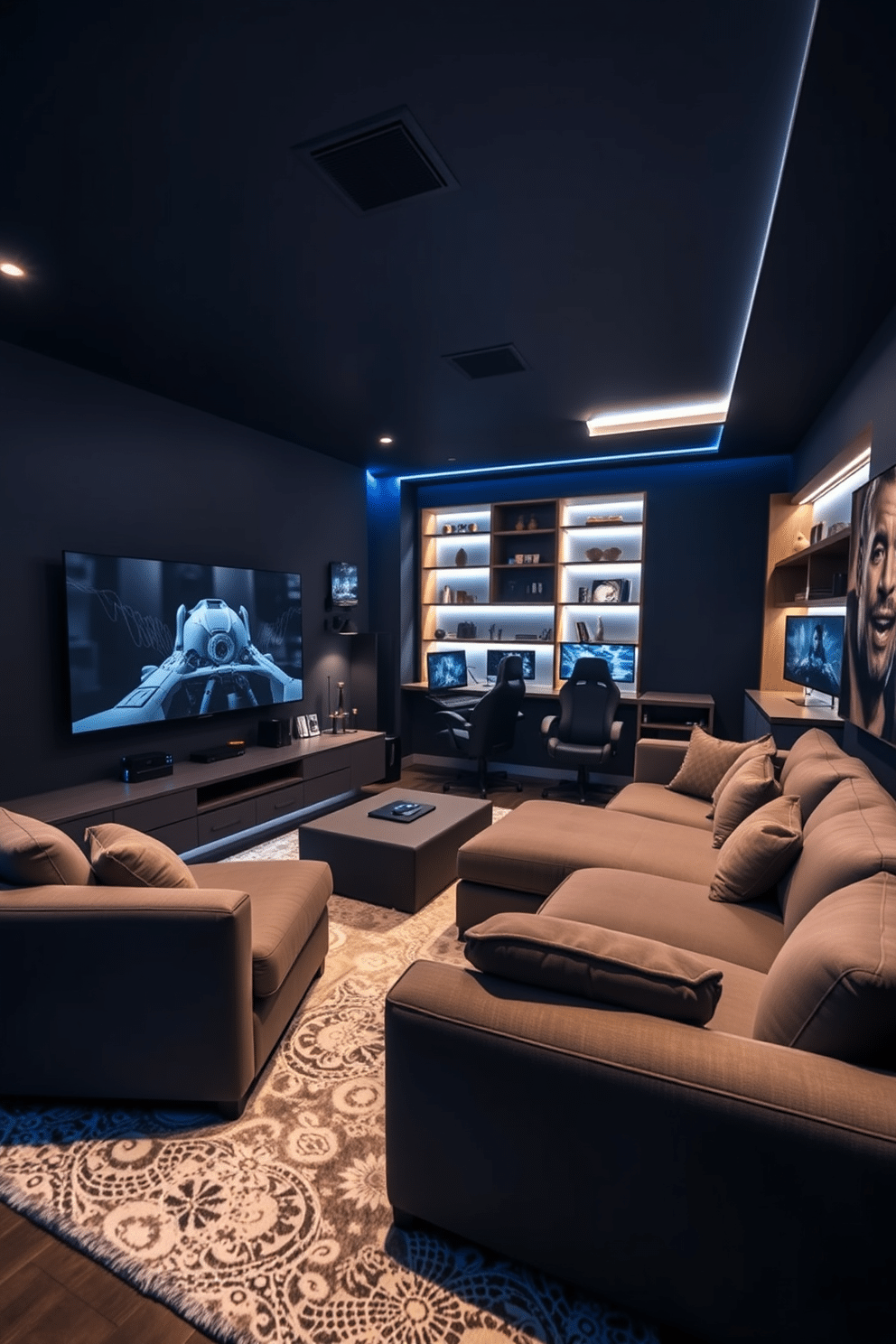 A modern media game room featuring smart lighting that can be adjusted to create a customizable atmosphere. The space includes a large sectional sofa facing a sleek entertainment unit, with LED strip lights illuminating the shelves and highlighting decorative elements. A state-of-the-art gaming setup is positioned in one corner, complete with multiple screens and ergonomic chairs. The walls are painted a deep navy blue, and a plush area rug provides comfort underfoot while enhancing the room's cozy vibe.