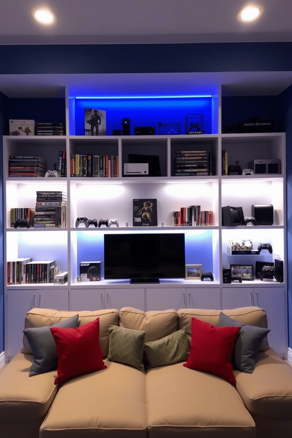 A modern game room featuring sleek shelving units designed for organized storage. The walls are painted a deep blue, and the shelves are filled with neatly arranged video games, collectibles, and gaming accessories. In the center of the room, a comfortable sectional sofa provides ample seating, accented by colorful throw pillows. Ambient LED lighting highlights the shelves, creating a vibrant atmosphere for gaming sessions.