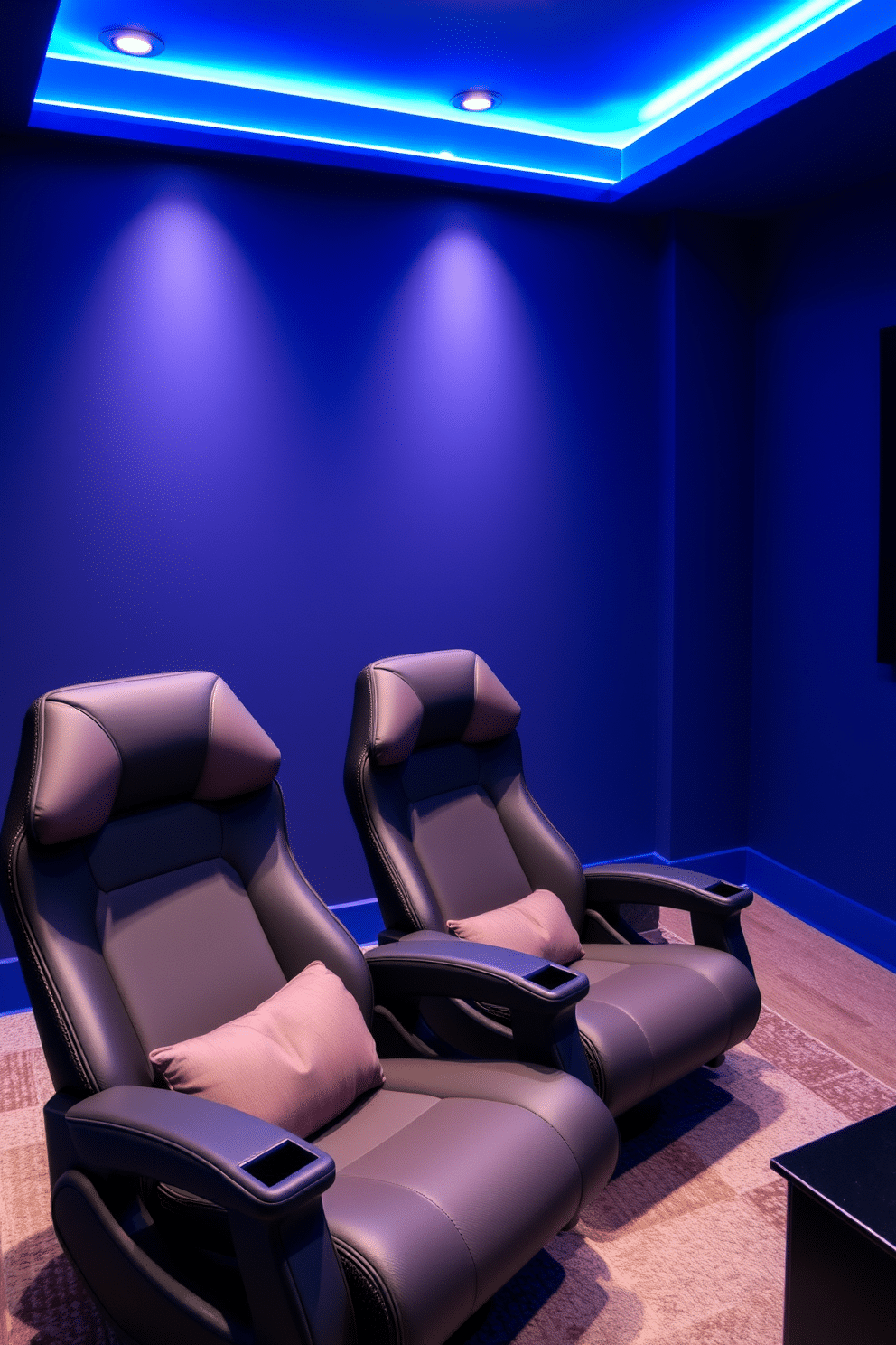 A cozy media game room featuring plush gaming chairs designed for long sessions. The walls are painted in deep blue, adorned with LED strip lighting that creates an immersive atmosphere.