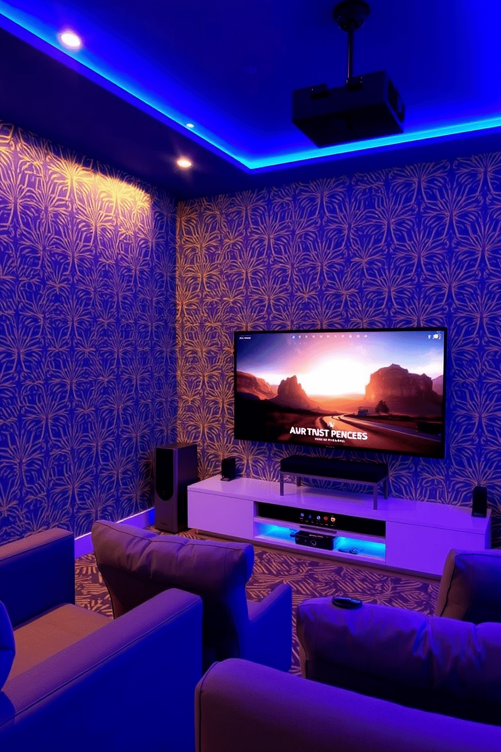 Accent wall with bold wallpaper design. The wall features a vibrant geometric pattern in shades of blue and gold, creating a striking focal point in the room. Media game room design ideas. The space is equipped with a large flat-screen television mounted on the wall, surrounded by plush seating and ambient LED lighting for an immersive gaming experience.