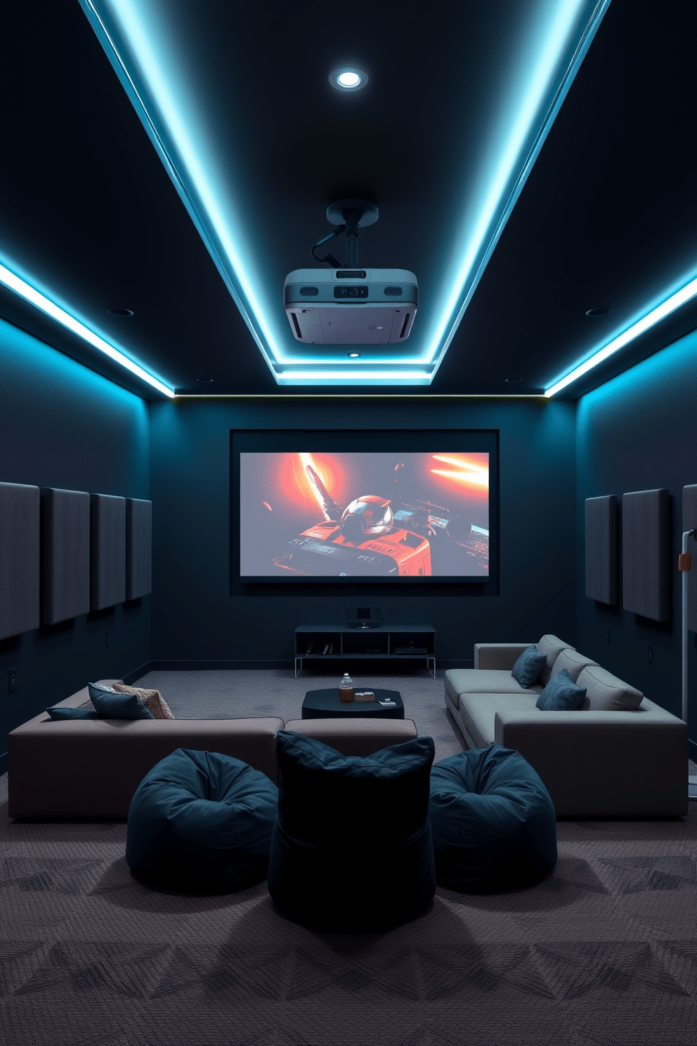 A modern game room featuring a wall-mounted projector for immersive viewing experiences. The room is designed with comfortable seating, including a plush sectional sofa and bean bags, arranged to face the projection wall. The walls are painted in a dark, rich color to enhance the cinematic atmosphere, with acoustic panels strategically placed for optimal sound quality. Ambient LED lighting is installed along the edges of the ceiling, creating a dynamic and inviting environment for gaming and movie nights.