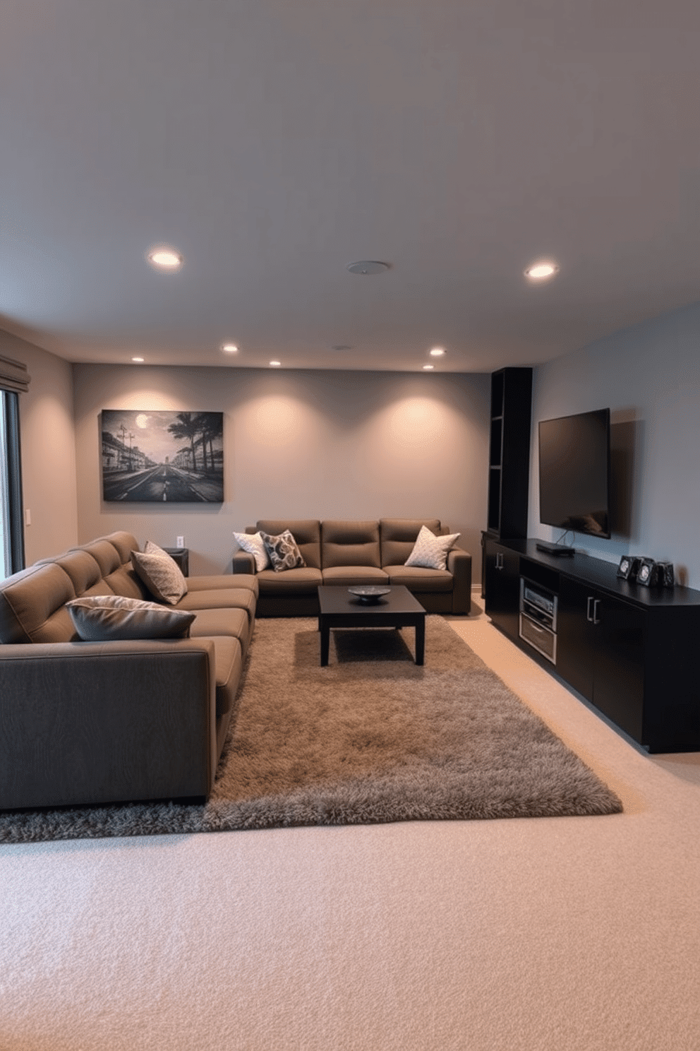 A cozy media game room designed for relaxation and entertainment features a plush area rug that adds warmth and enhances sound absorption. The room is equipped with a large sectional sofa, a sleek entertainment center, and ambient lighting to create a welcoming atmosphere.