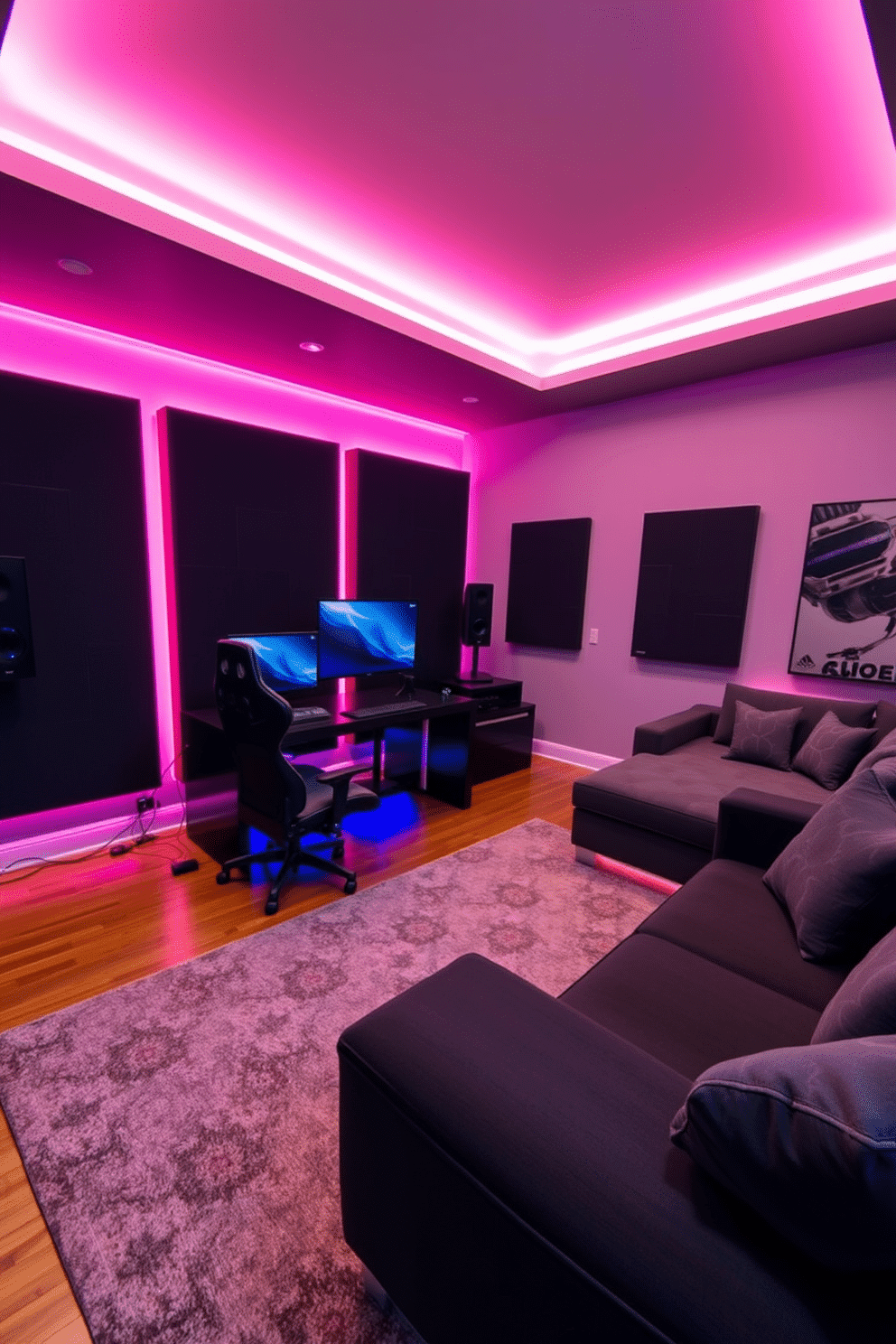 A modern media game room designed for both gaming and streaming. The room features a dual-screen setup on a sleek black desk, with RGB lighting accents illuminating the space. Comfortable gaming chairs are positioned in front of the screens, while a plush sectional sofa provides additional seating for guests. The walls are adorned with soundproof panels in dark colors, and a large area rug adds warmth to the hardwood floor.