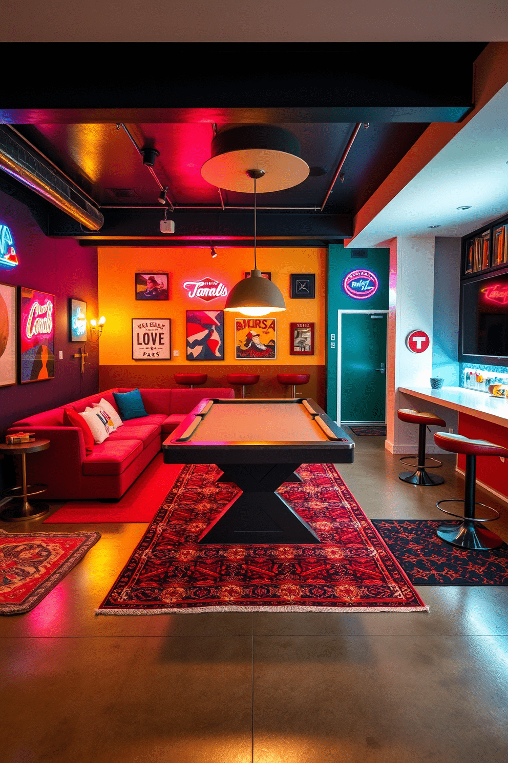 A vibrant and playful game room featuring a mix of modern and retro elements. The walls are adorned with colorful artwork and neon signs, while a plush sectional sofa in bold hues invites relaxation. In the center, a sleek pool table takes the spotlight, surrounded by stylish bar stools. The flooring is a polished concrete with area rugs that add warmth, and ambient lighting creates an inviting atmosphere for entertaining.