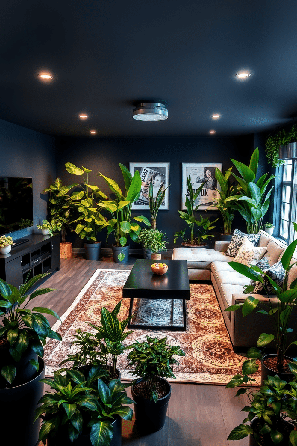 A vibrant media game room featuring an array of indoor plants strategically placed around the space to enhance air quality and aesthetics. The room includes a large sectional sofa, a sleek entertainment center, and a pool table, all accented by lush greenery in stylish planters. The walls are painted in a deep navy blue, creating a cozy atmosphere, while a statement rug anchors the seating area. Ambient lighting fixtures illuminate the plants and gaming equipment, giving the room a modern yet inviting feel.