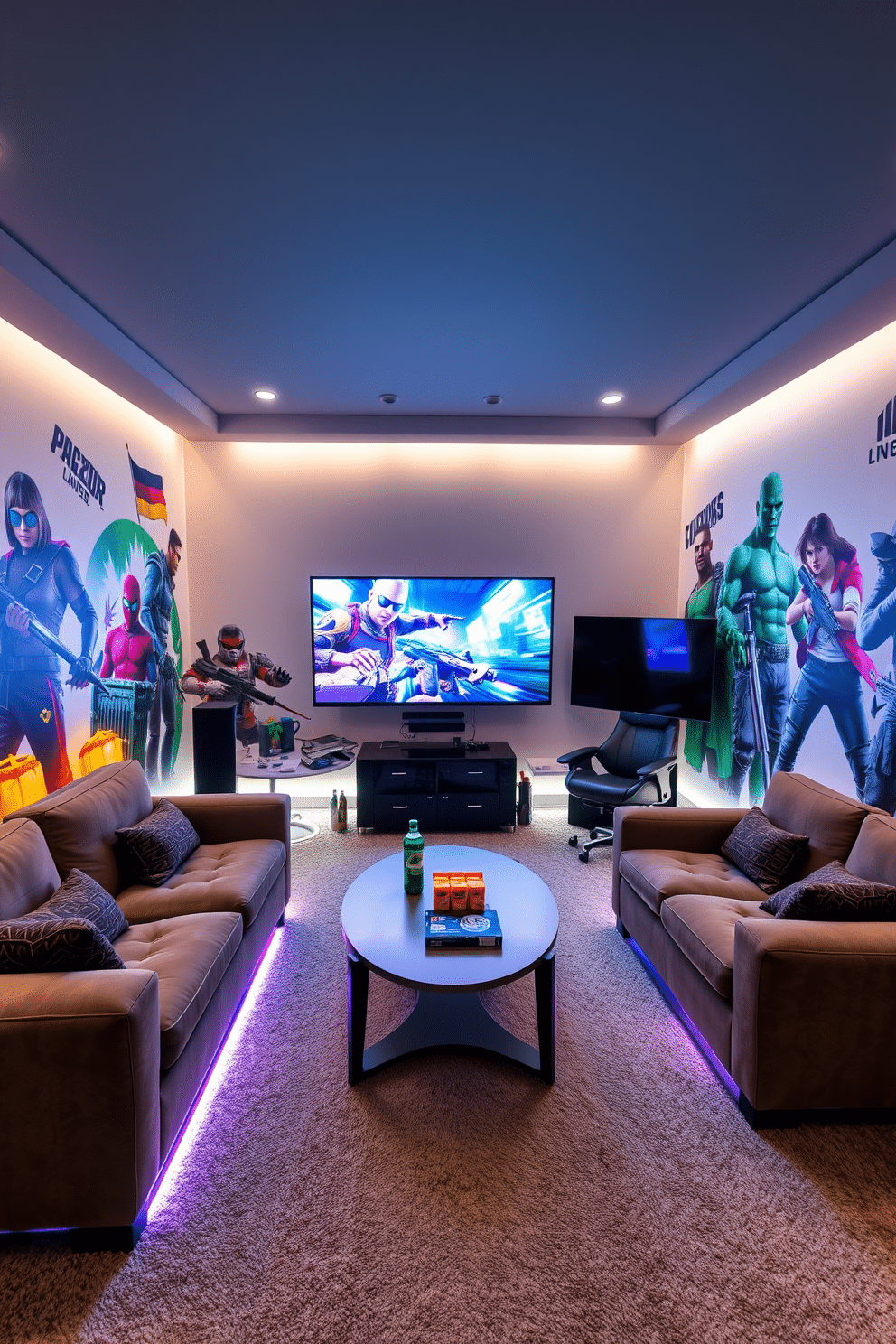 A vibrant media game room featuring gaming-themed wall decals that create an immersive atmosphere. The walls are adorned with colorful graphics of popular video game characters, while the furniture includes a plush sectional sofa and a sleek gaming chair positioned in front of a large flat-screen TV. Soft LED strip lighting highlights the edges of the room, casting a dynamic glow that enhances the gaming experience. A stylish coffee table in the center holds snacks and drinks, completing the perfect setting for both gaming marathons and social gatherings.