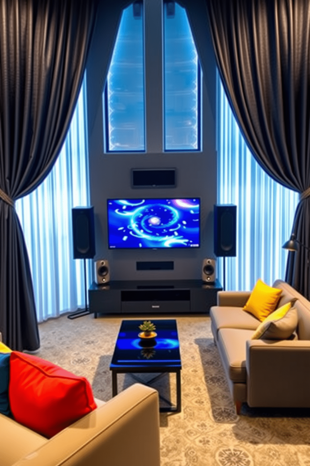 A chic media game room featuring stylish curtains that elegantly frame large windows, allowing for optimal light control while enhancing the room's aesthetic. The curtains are made of a rich, textured fabric in a deep navy hue, perfectly complementing the modern furniture and vibrant gaming setup. The room is designed with a comfortable sectional sofa adorned with colorful throw pillows, positioned around a sleek coffee table. A large flat-screen TV mounted on the wall is flanked by soundproof panels, creating an immersive gaming experience in a cozy yet sophisticated environment.