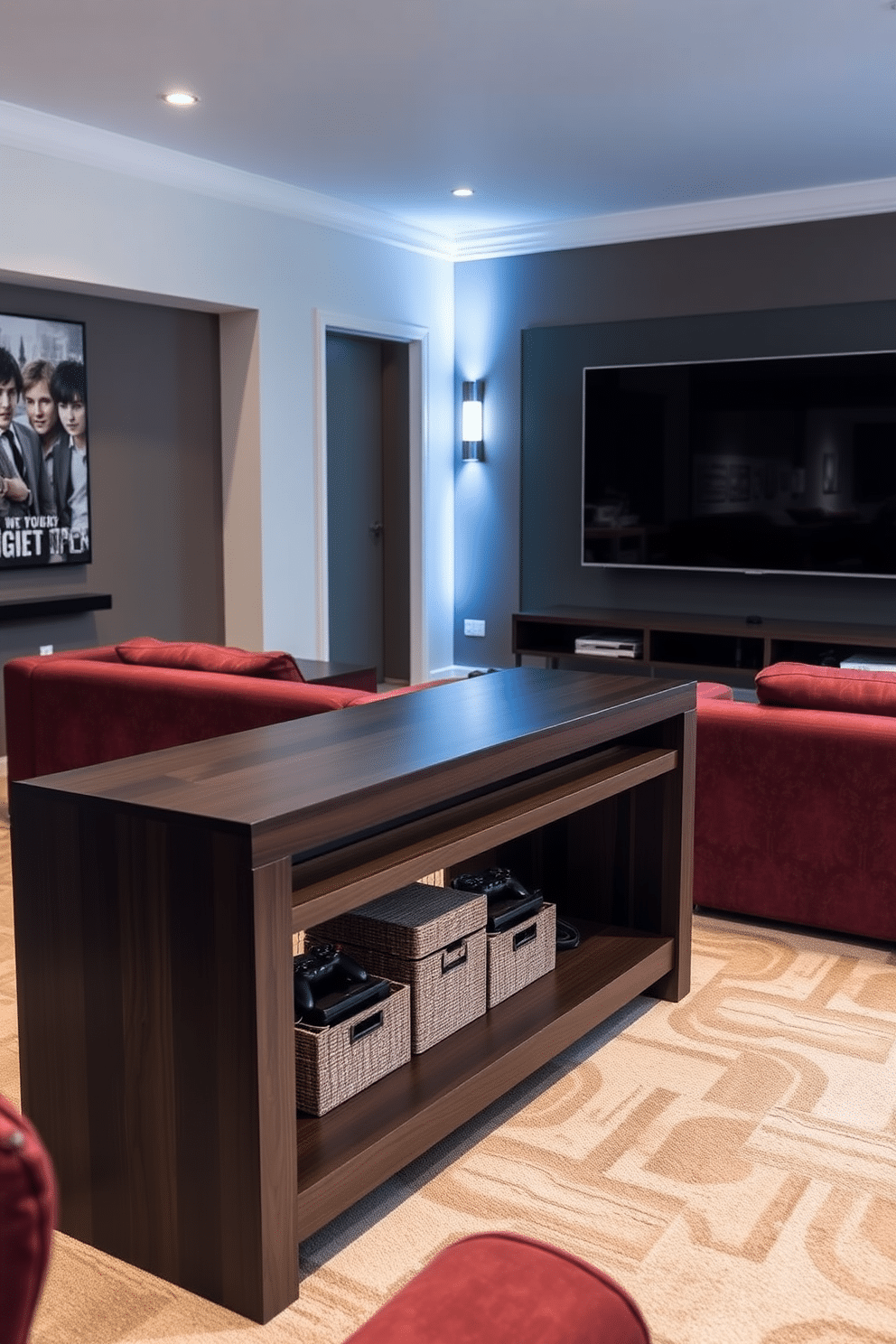 A stylish media game room featuring a sleek console table designed for remote control storage. The table is crafted from dark wood with clean lines, complemented by decorative storage boxes that keep remotes organized and within reach. The room is equipped with a large flat-screen TV mounted on the wall, surrounded by comfortable seating options in rich, textured fabrics. Ambient lighting highlights the space, creating an inviting atmosphere for gaming and movie nights.