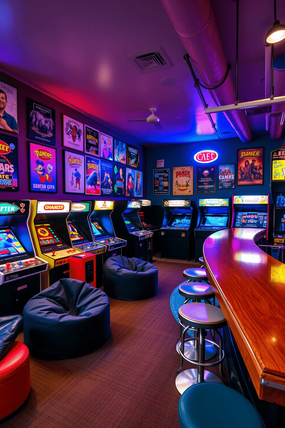 A vibrant game room filled with vintage arcade machines, each showcasing classic games with colorful artwork. The walls are adorned with retro posters and neon lights, creating a lively atmosphere that evokes nostalgia. Comfortable seating, like bean bags and retro stools, is arranged around the arcade machines for an inviting space. A polished wooden bar with high stools serves as a perfect spot for snacks and drinks, enhancing the social experience.