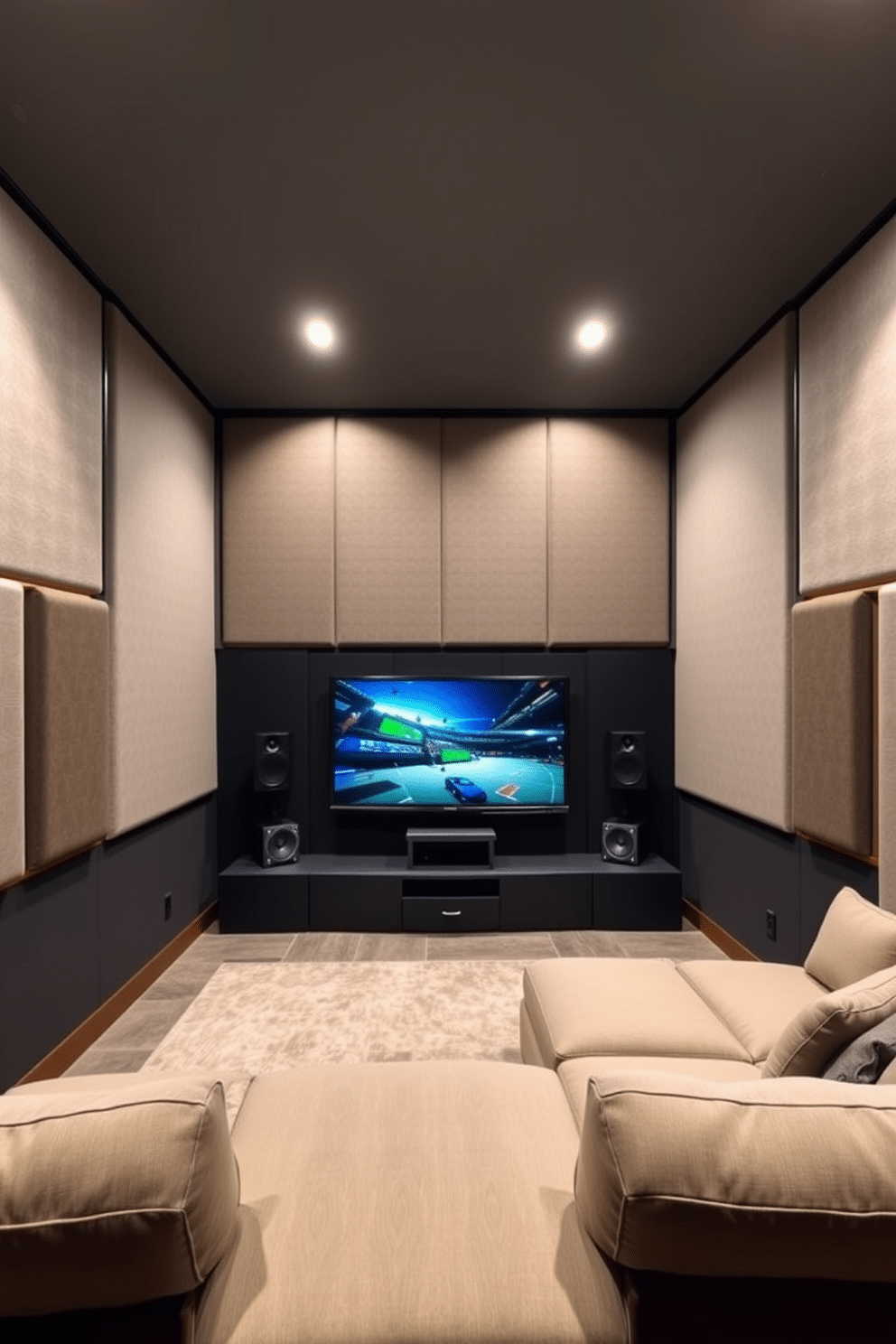 A modern media game room featuring soundproofing panels on the walls to enhance acoustics. The space includes a large sectional sofa, a sleek entertainment unit, and a wall-mounted flat-screen TV, creating the perfect environment for gaming and movie nights.