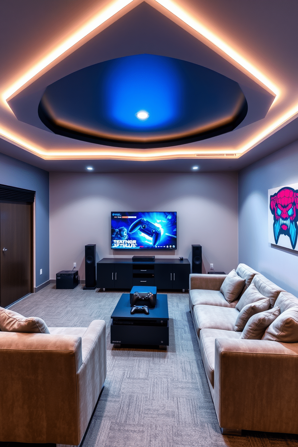 A modern media game room designed for entertainment and relaxation. The space features comfortable sectional sofas with plush cushions, positioned around a large flat-screen TV mounted on the wall. LED strip lights line the ceiling edges, creating an ambient glow that enhances the room's atmosphere. A sleek gaming console and a variety of controllers are displayed on a stylish media console, complemented by colorful wall art that reflects a gaming theme.