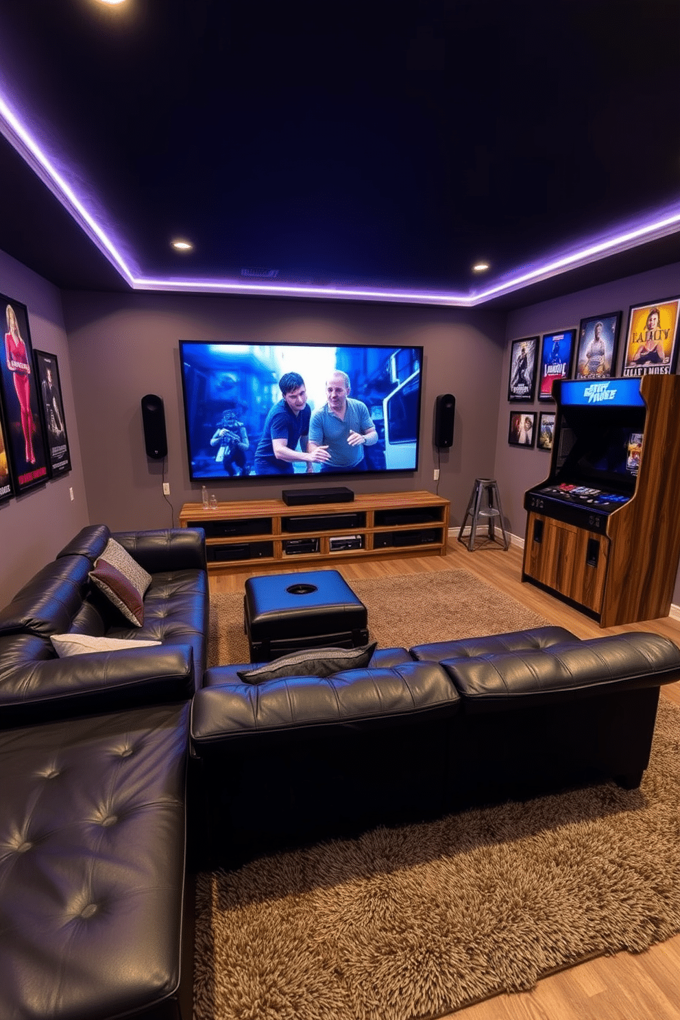 A media game room inspired by classic action movies. The room features a large sectional sofa in dark leather, positioned facing a massive screen with surround sound speakers mounted on the walls. On one side, there's a sleek arcade machine and a custom-built game console cabinet made of reclaimed wood. The walls are adorned with framed movie posters, and LED strip lighting creates a dynamic atmosphere, while plush rugs add comfort underfoot.