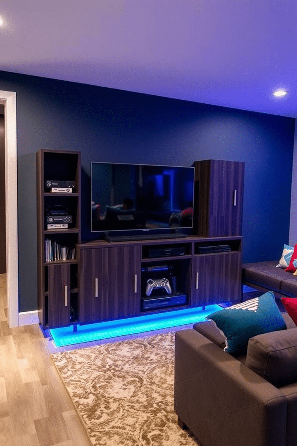 A sleek gaming console storage unit, designed with a modern aesthetic, features open shelving for easy access to gaming accessories and a closed cabinet for a clutter-free look. The unit is crafted from dark wood, complemented by metal accents, and is positioned against a feature wall painted in a deep navy blue. The media game room is equipped with a plush sectional sofa that invites relaxation, adorned with colorful throw pillows that reflect a playful vibe. A large flat-screen TV is mounted above a low-profile media console, while ambient LED lighting enhances the room's atmosphere during gaming sessions.