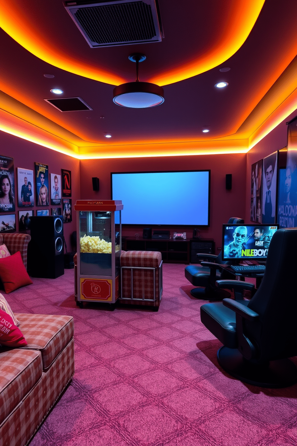 A vibrant media game room designed for an authentic cinema experience. The centerpiece is a vintage-style popcorn machine, surrounded by plush seating and a large screen for movie nights. Walls are adorned with movie posters and ambient lighting creates a cozy atmosphere. A sleek gaming console setup is positioned in one corner, complemented by comfortable gaming chairs for an immersive experience.