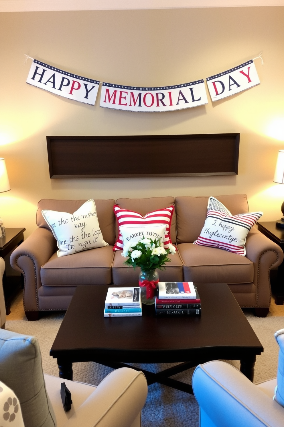 A cozy living room featuring a plush couch adorned with patriotic throw pillows in red, white, and blue. The walls are painted in a soft beige, and a festive banner hangs above the couch to celebrate Memorial Day. A coffee table in the center is decorated with a small vase of fresh flowers and a stack of themed books. The room is illuminated by warm lighting, creating an inviting atmosphere for gatherings with family and friends.