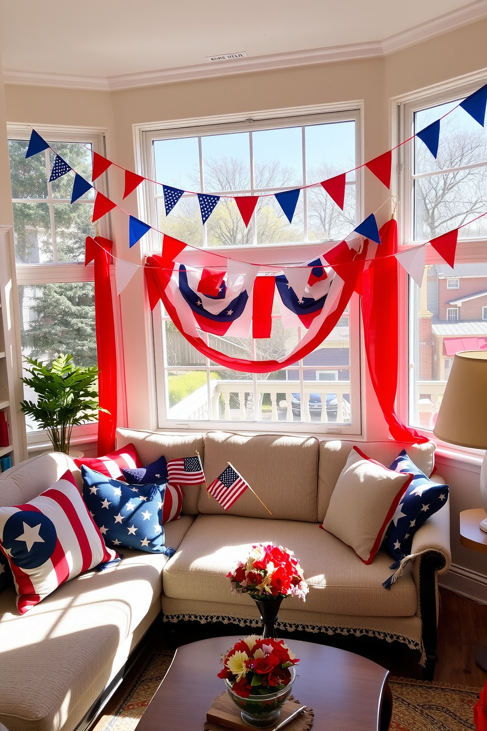 A cheerful apartment adorned with colorful bunting draped across the windows. The vibrant flags flutter gently in the breeze, adding a festive touch to the space. The living area features a cozy seating arrangement with a patriotic color palette of red, white, and blue. Decorative throw pillows and a festive table centerpiece enhance the Memorial Day theme, creating a warm and inviting atmosphere.