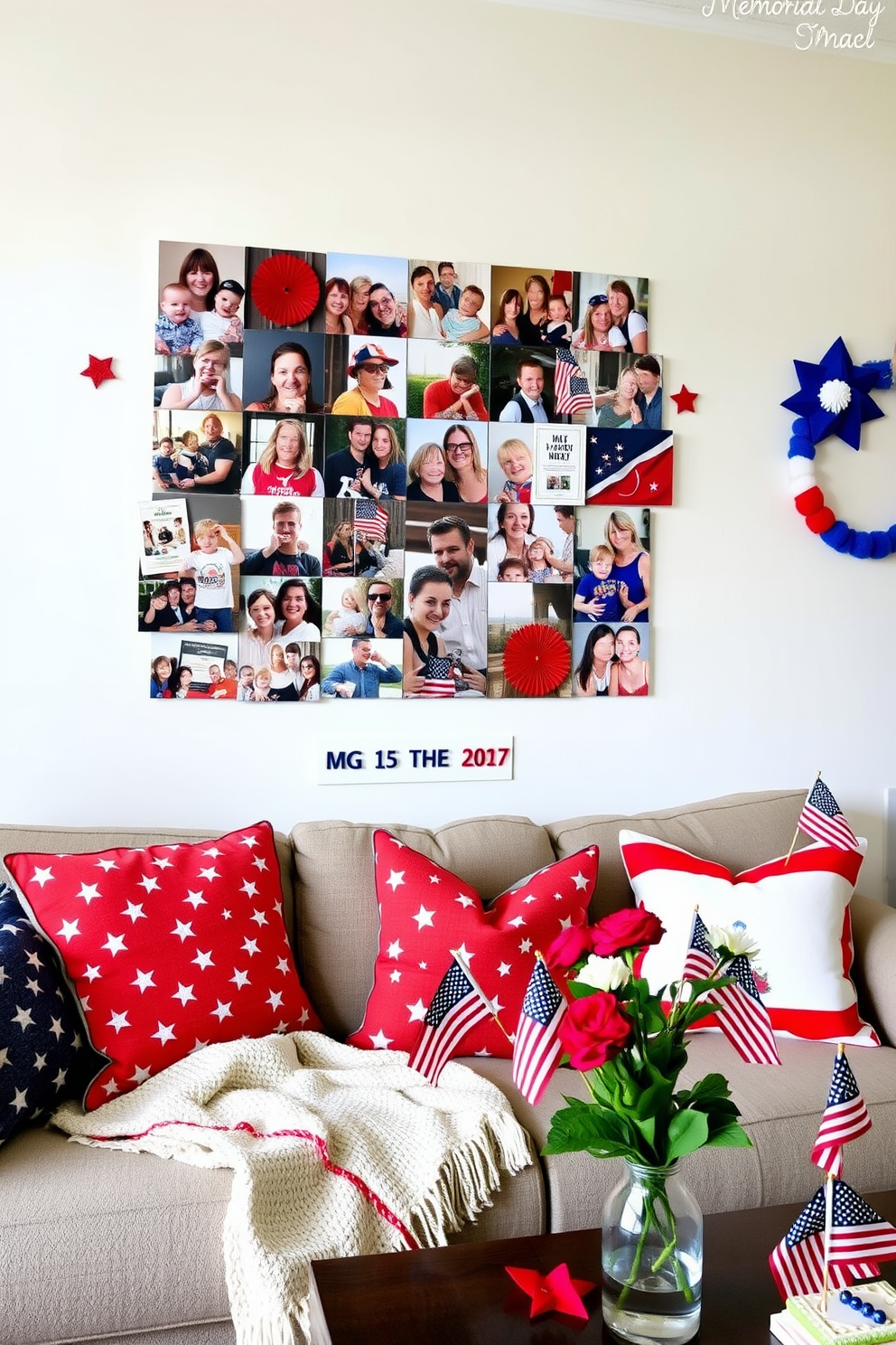 A Memorial Day-themed photo wall collage featuring a mix of family photographs, patriotic decorations, and handmade crafts. The collage is arranged in a visually appealing layout, with red, white, and blue accents throughout. Memorial Day apartment decorating ideas include vibrant throw pillows with star patterns and a cozy blanket draped over the couch. Fresh flowers in a vase and small American flags placed around the room enhance the festive atmosphere.