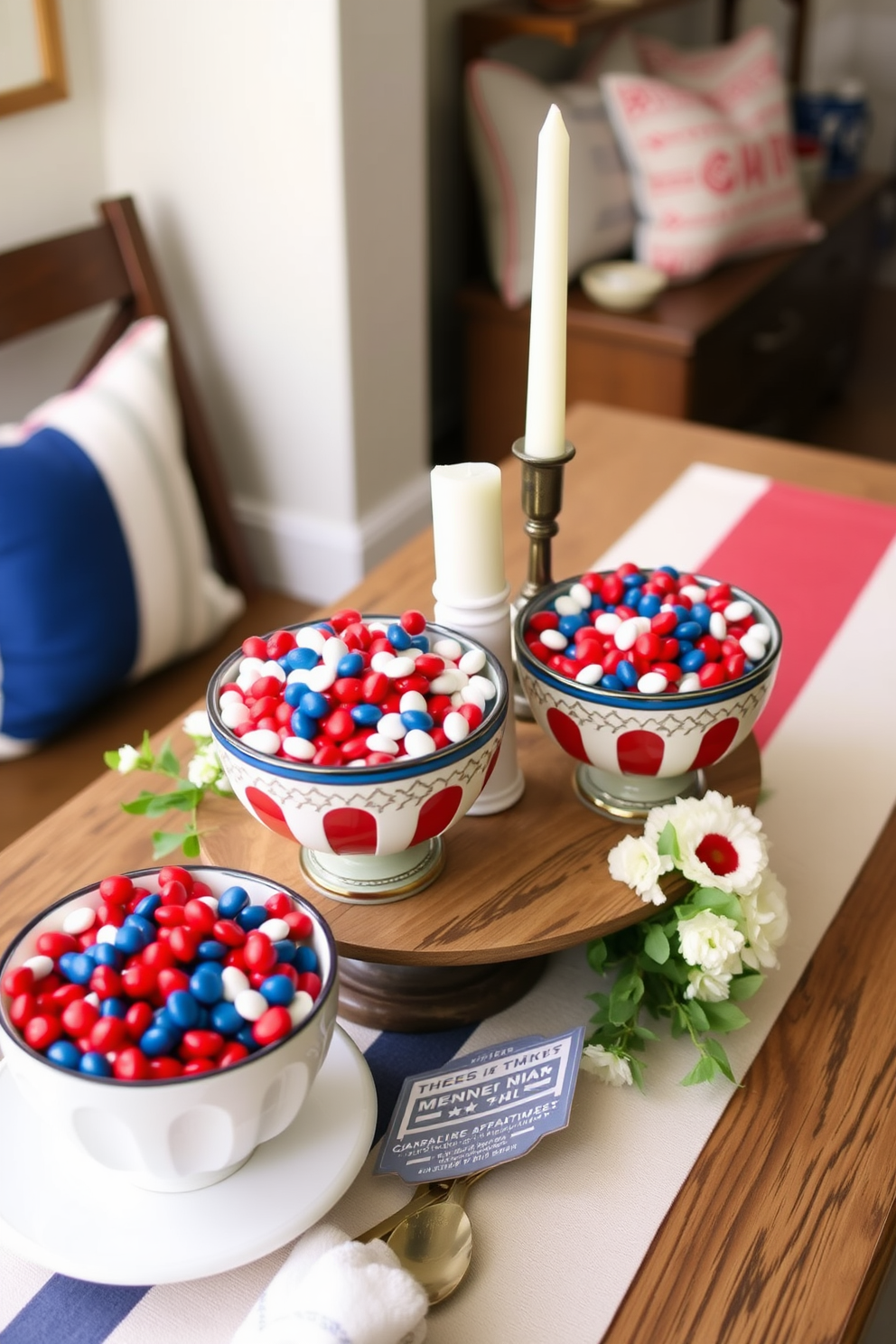 Create a festive display featuring decorative bowls filled with red white and blue candies. Arrange these bowls on a rustic wooden table surrounded by simple white dishes and fresh flowers to enhance the patriotic theme. Incorporate Memorial Day apartment decorating ideas by using subtle touches such as themed throw pillows and a flag-inspired table runner. Add candles in coordinating colors to create a warm and inviting atmosphere for gatherings.