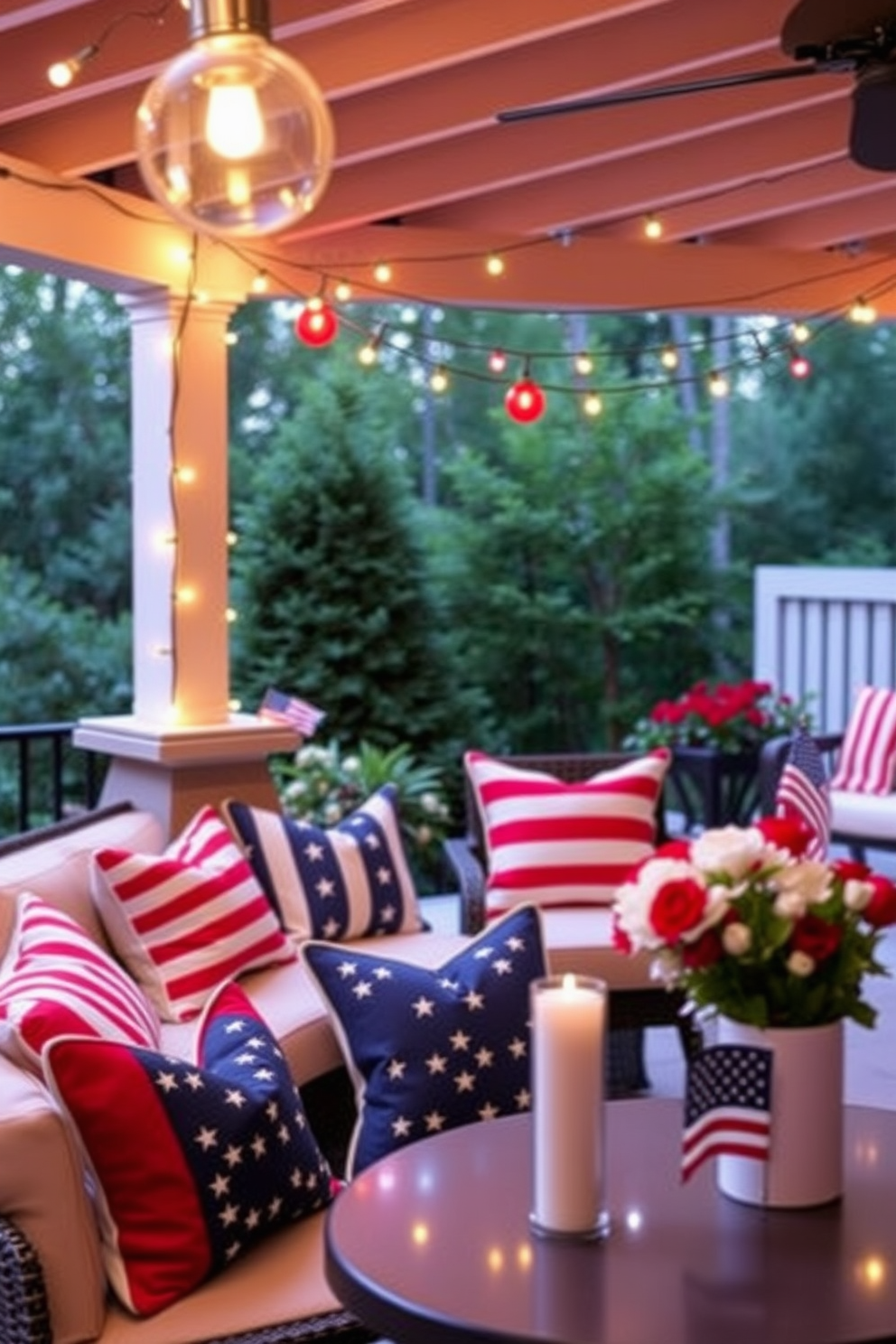 Outdoor string lights in festive colors create a warm and inviting atmosphere for any gathering. The lights are draped elegantly across a patio, illuminating the space with a soft glow that enhances the surrounding greenery. Memorial Day apartment decorating ideas incorporate red, white, and blue accents throughout the living area. A stylish arrangement of patriotic-themed cushions and a festive table setting celebrate the holiday while maintaining an elegant aesthetic.