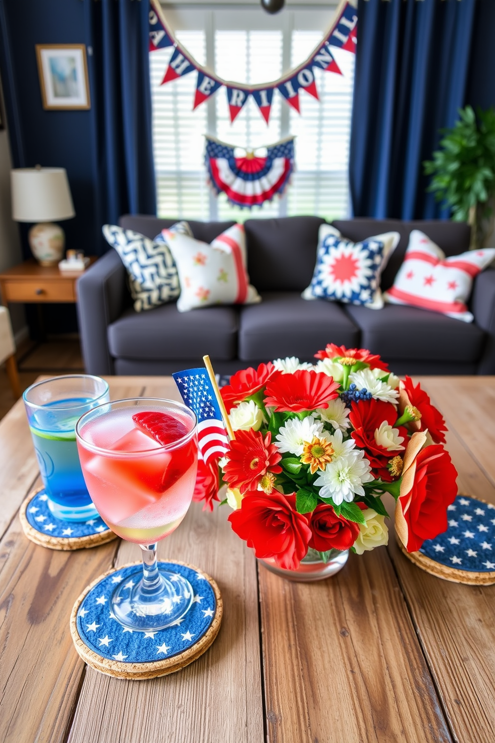 Flag themed coasters for drinks. The coasters are made of cork with a vibrant American flag design, perfect for summer gatherings. They are placed on a rustic wooden coffee table alongside colorful cocktails and snacks. Memorial Day apartment decorating ideas. The living room features red, white, and blue accents with throw pillows and a festive banner. A centerpiece of fresh flowers in patriotic colors sits on the dining table, creating a warm and inviting atmosphere.